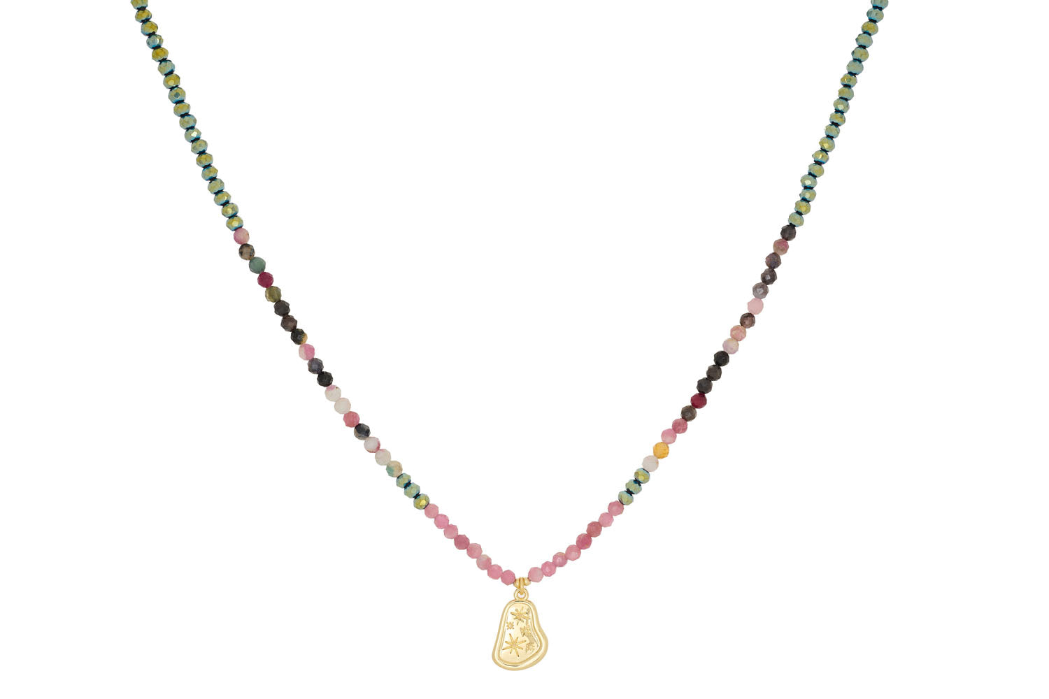 Umino Tourmaline Short Beaded Pendant Necklace featuring vibrant tourmaline beads and a 12k gold-plated, star-engraved pendant, perfect for layering or gifting as an October birthstone necklace.