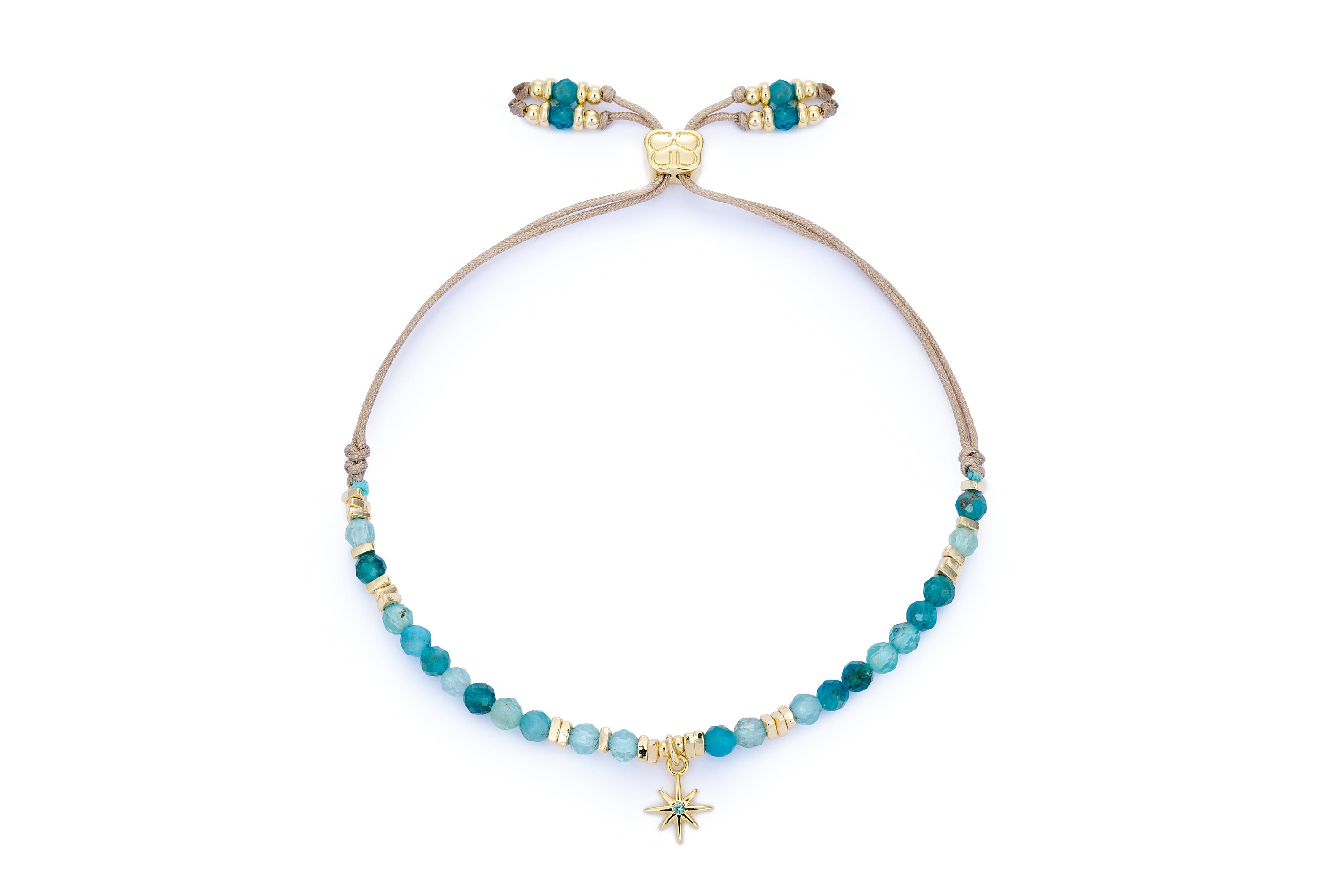 Una Apatite & Gold Star Charm Slider Bracelet featuring faceted Apatite gemstones, a delicate gold star charm, and 12k gold-plated accents, with an adjustable thread slider fastening.