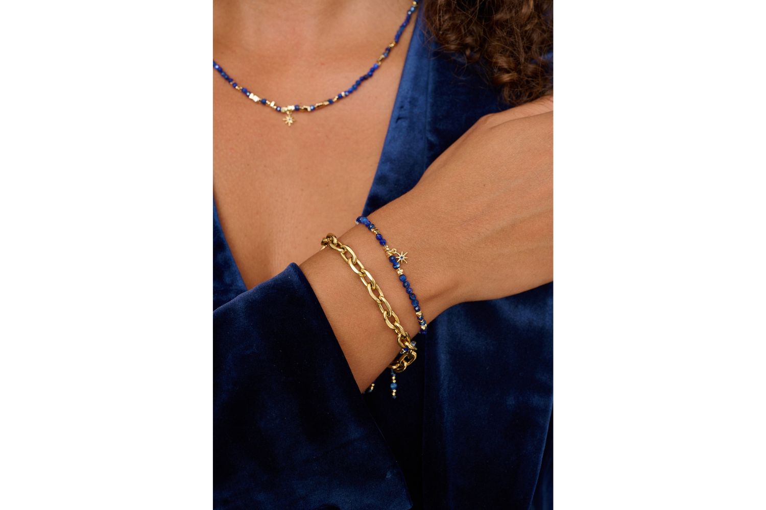 Una Gold & Kyanite Mix Gemstone Bracelet featured on wrist with Boho Betty stacking bracelets