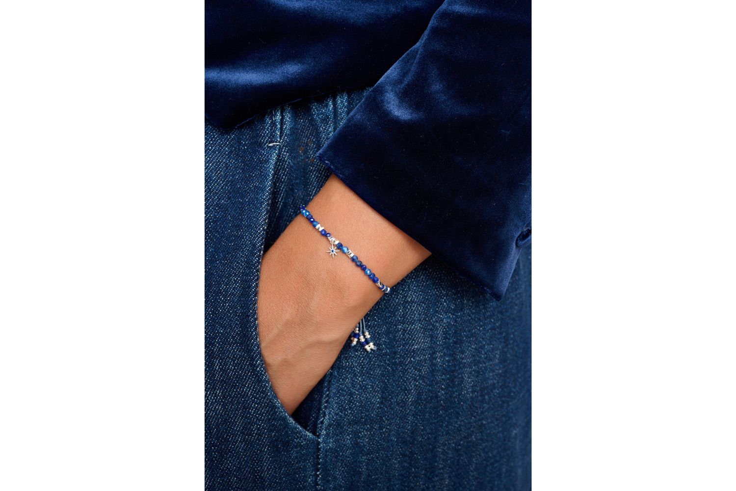Una Silver & Kyanite Mix Gemstone Bracelet featured on wrist with Boho Betty stacking bracelets