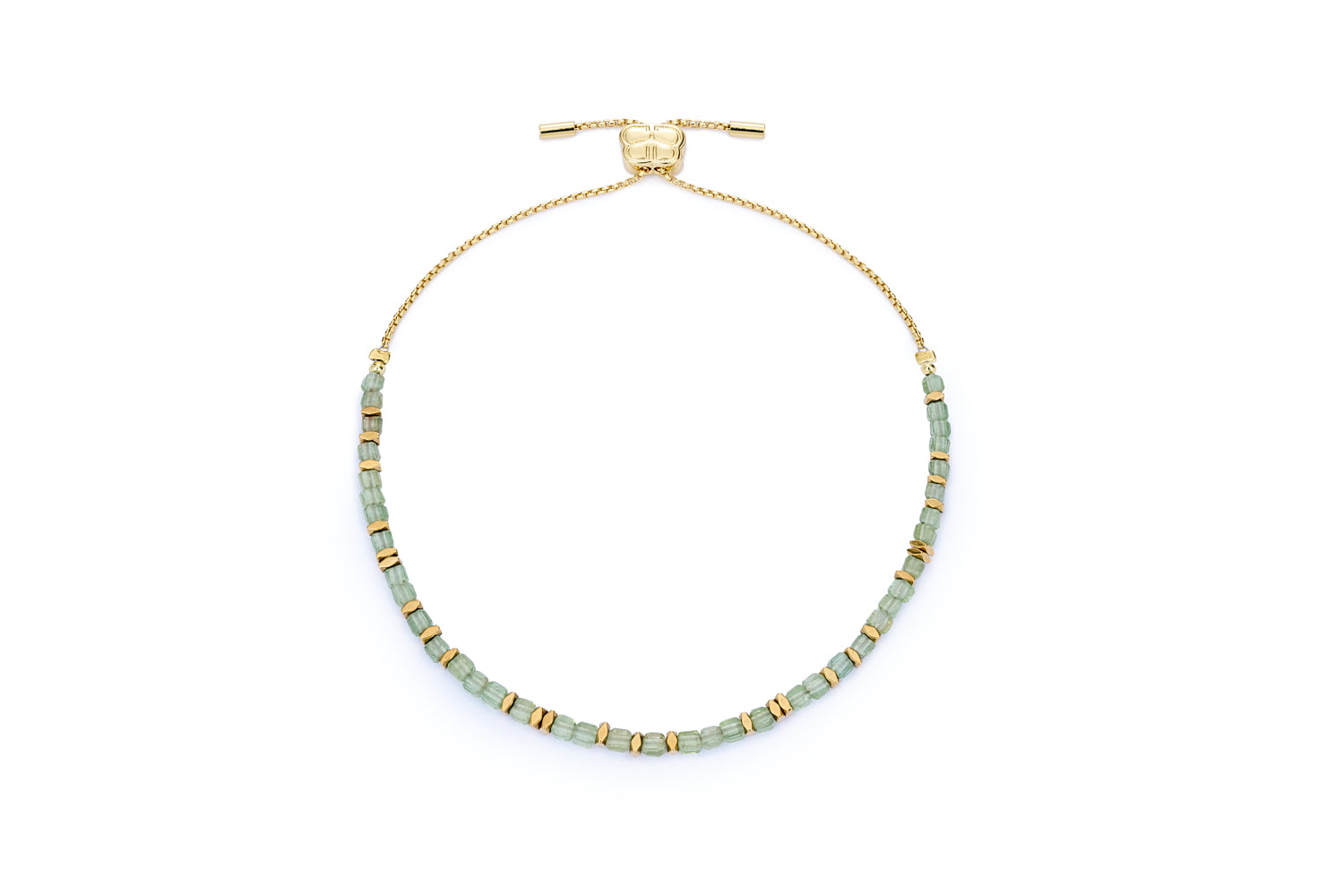 Valentina Gold & Green Apatite Gemstone Bracelet featuring soft sage and seafoam apatite beads, strung on a delicate 12k gold-plated chain with an adjustable slider fastening.