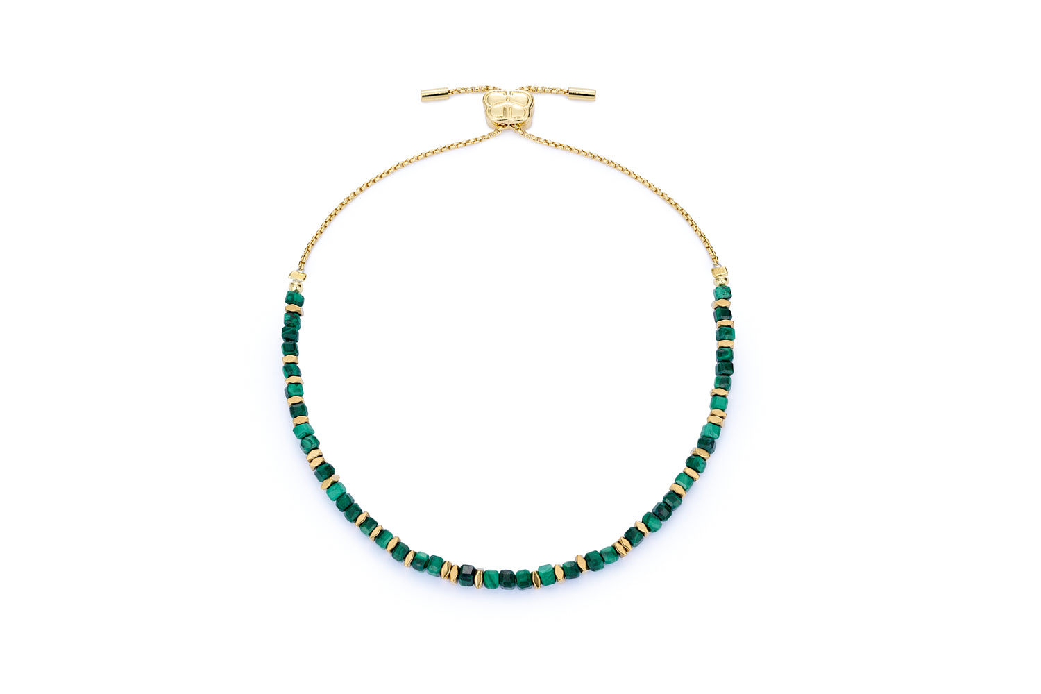 Valentina Gold & Malachite Bead Slider Bracelet featuring vibrant green malachite beads, 12k gold-plated accents, and an adjustable pull-tie slider for a custom fit and effortless layering.