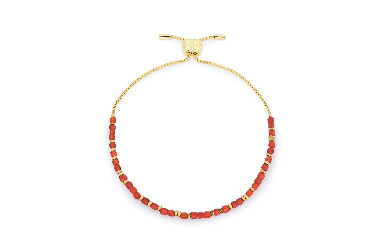 Valentina Gold & Red Agate Gemstone Bracelet featuring faceted red agate gemstones, 12k gold-plated accents, and a fine gold chain with an adjustable slider fastening.
