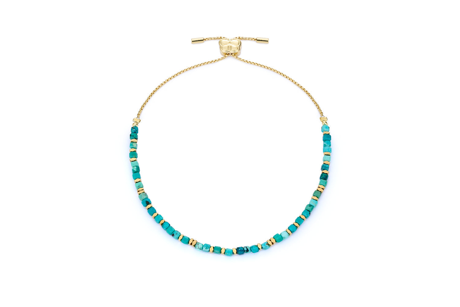 Valentina Turquoise Howlite Gold Bracelet featuring vibrant turquoise howlite gemstones, waterproof gold PVD accents and an adjustable slider bracelet design.