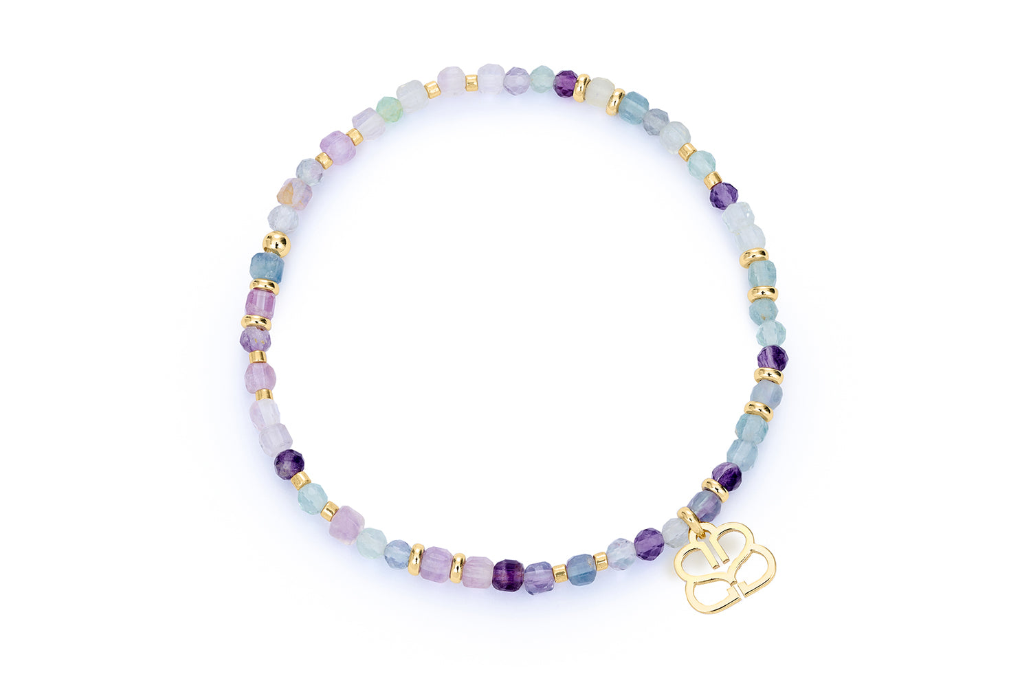 Violet Rainbow Fluorite Gold Bead Bracelet featuring translucent fluorite gemstones with 12k gold-plated accents and a signature Boho Betty filigree charm, designed as a stretch bracelet for layering.