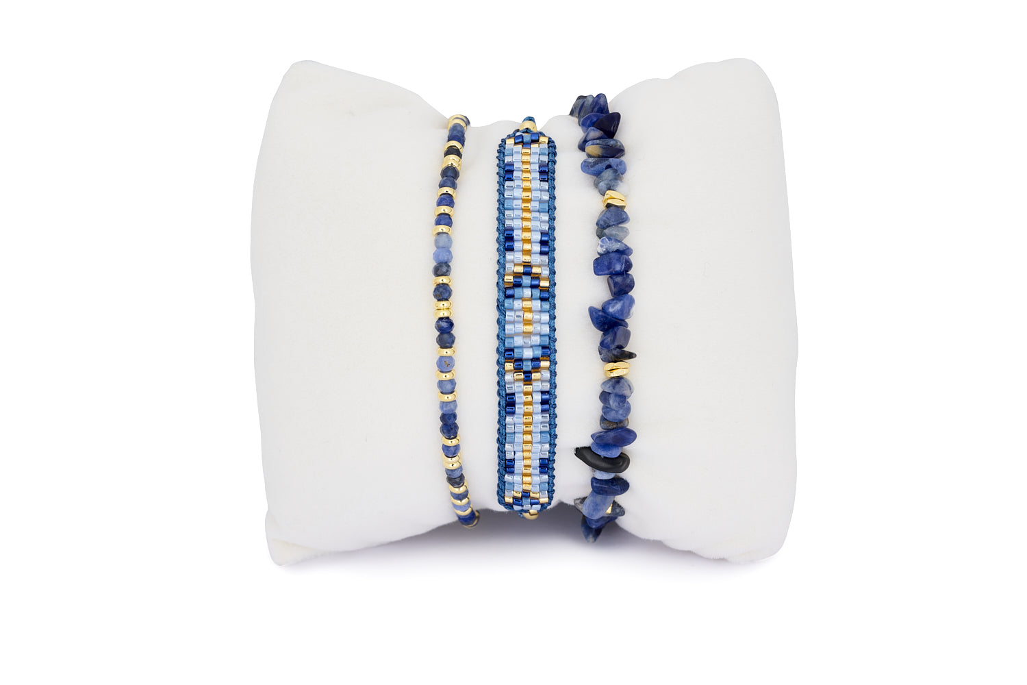 Viti Blue Denim Sodalite Gold Beaded Bracelet Stack featuring a trio of marine blue Sodalite gemstone bracelets with gold-plated accents.