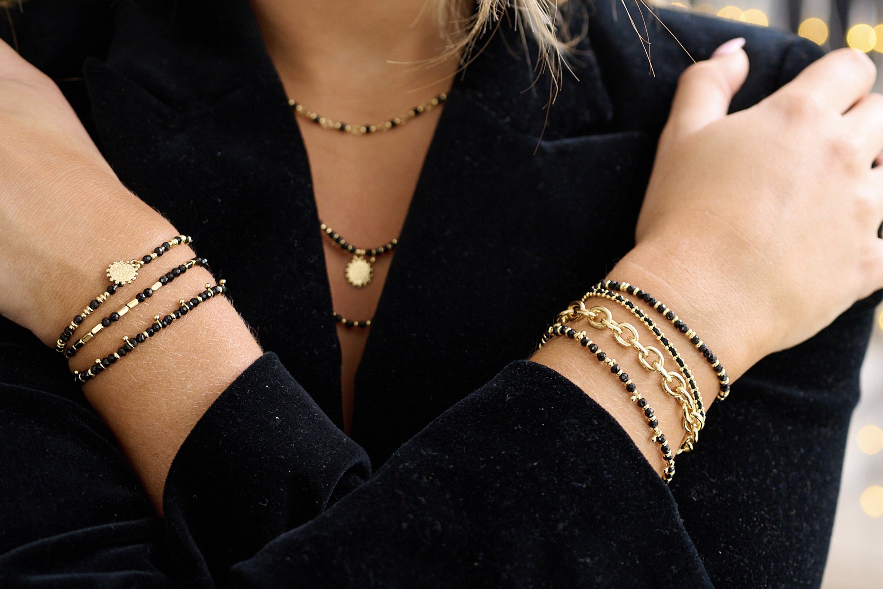 Ebony Gold Black Spinel Thread Through Bracelet