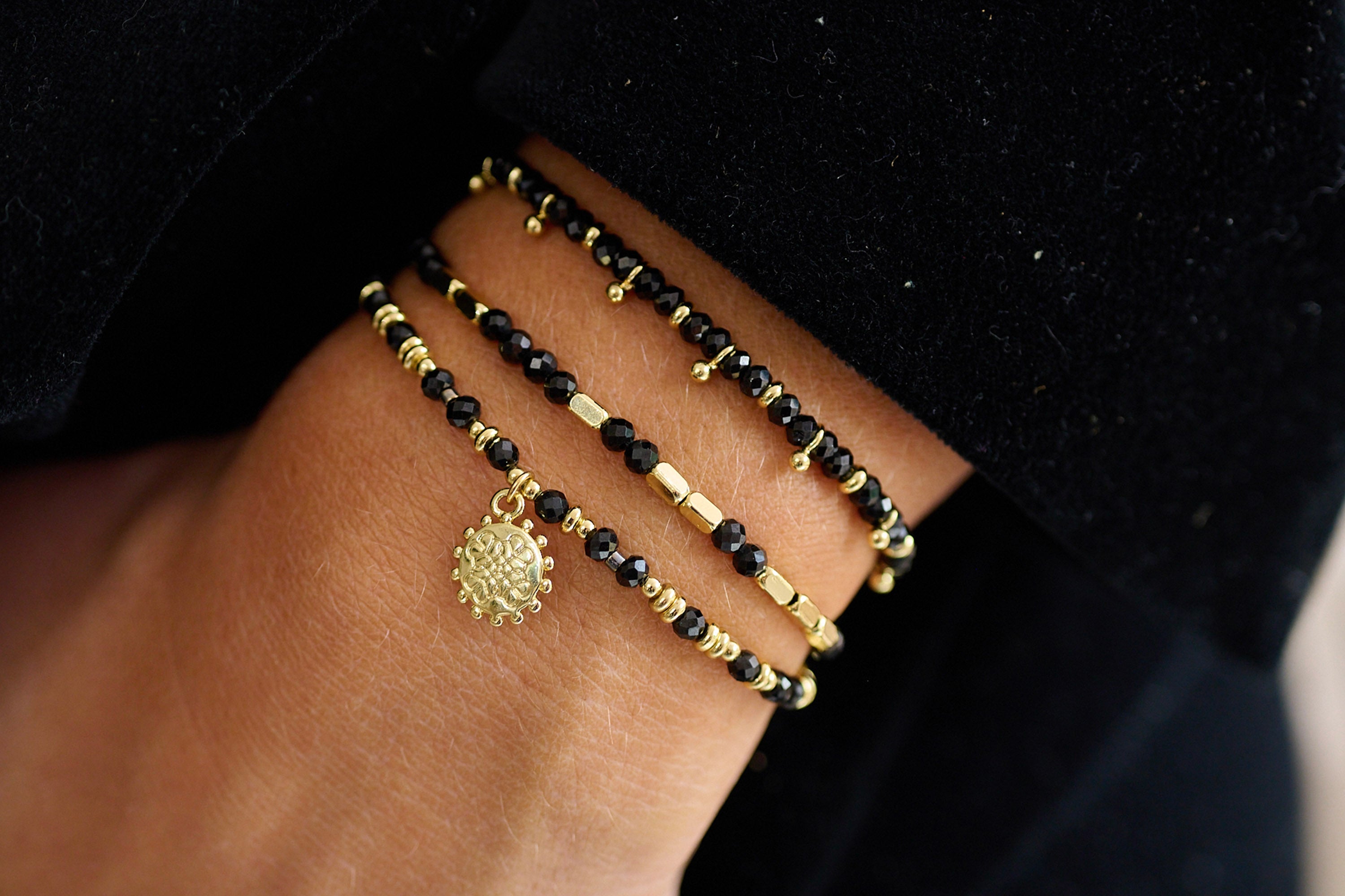 Ebony Gold Black Spinel Thread Through Bracelet