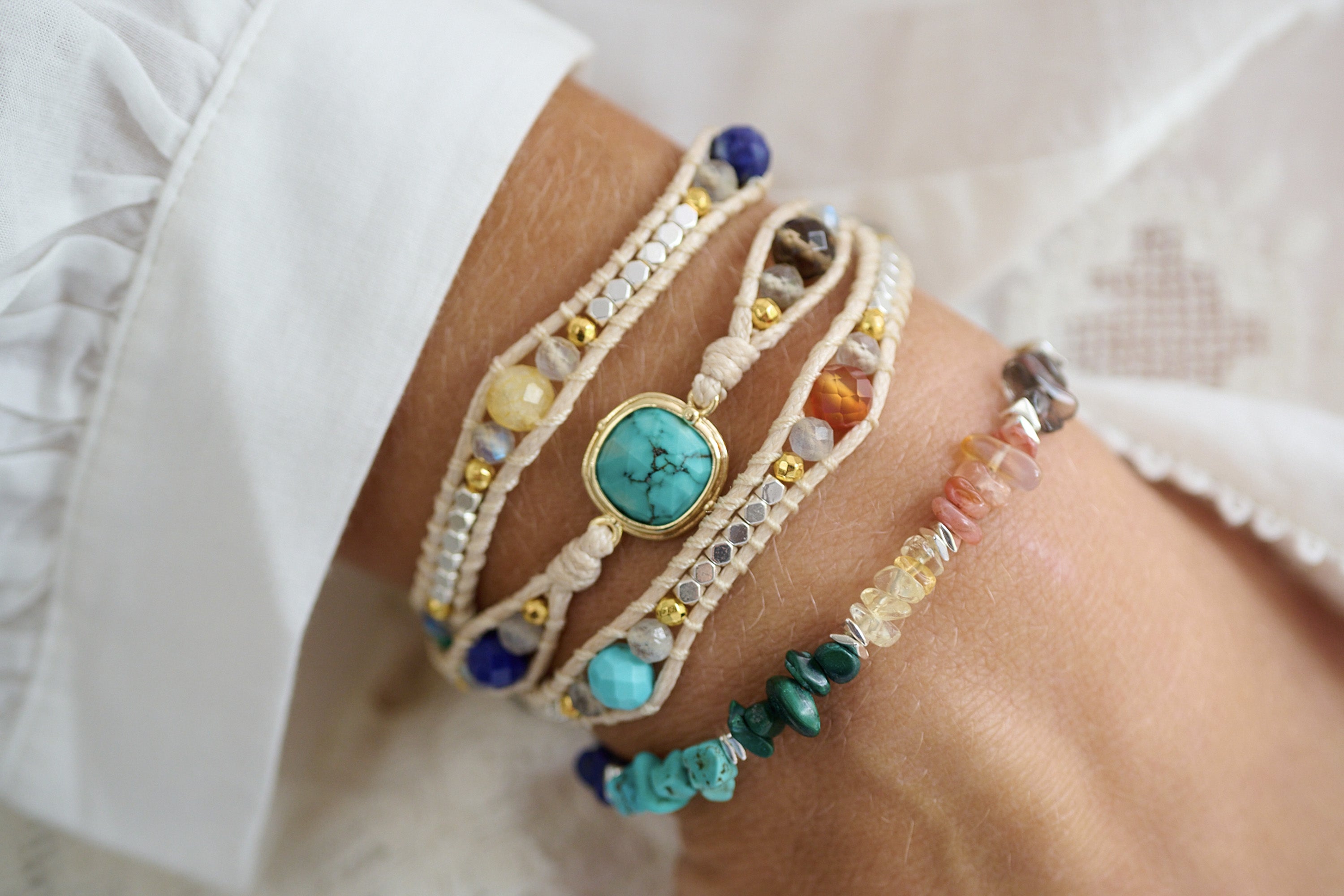 America Turquoise Mixed Gemstone 3 Wrap Bracelet