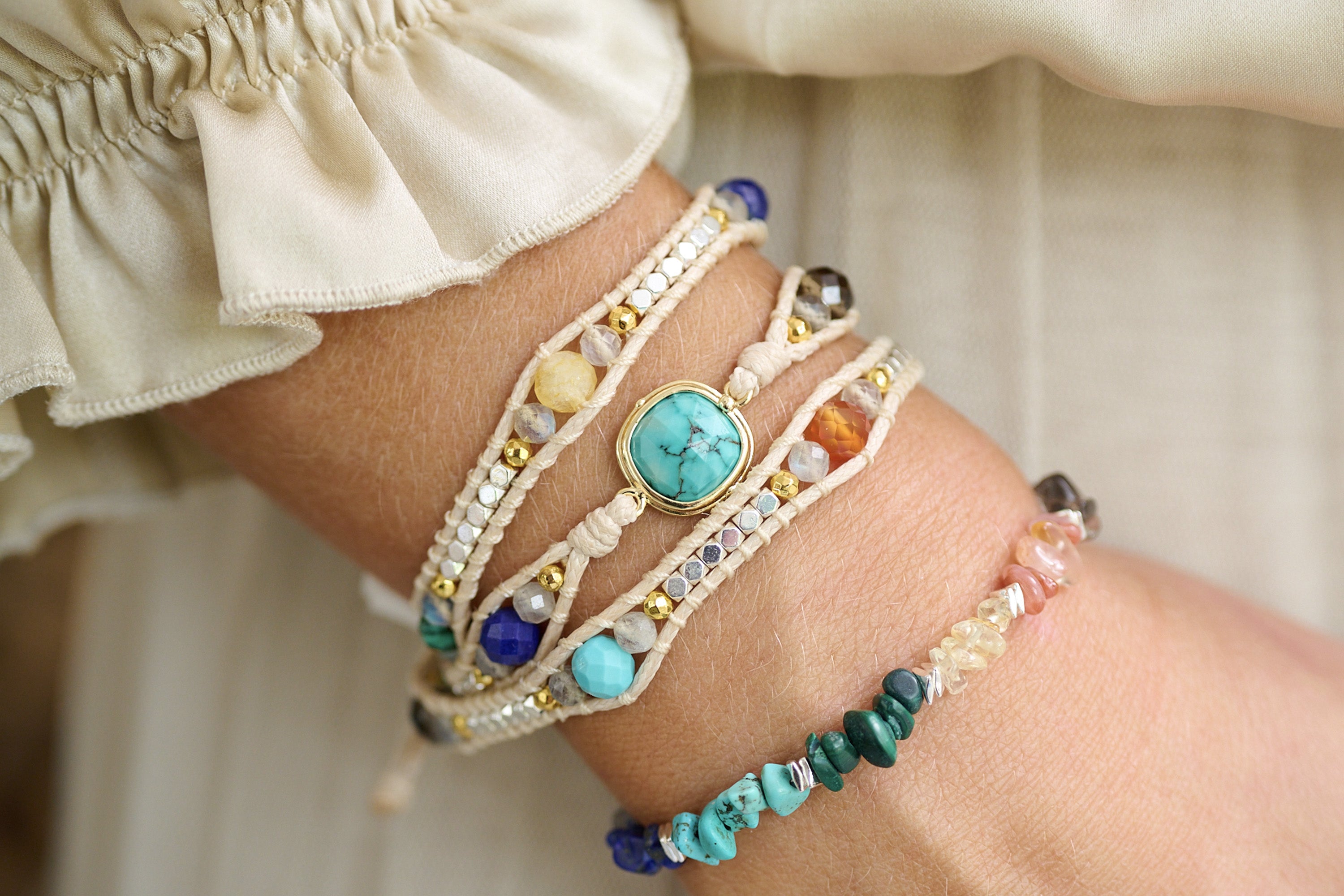 America Turquoise Mixed Gemstone 3 Wrap Bracelet