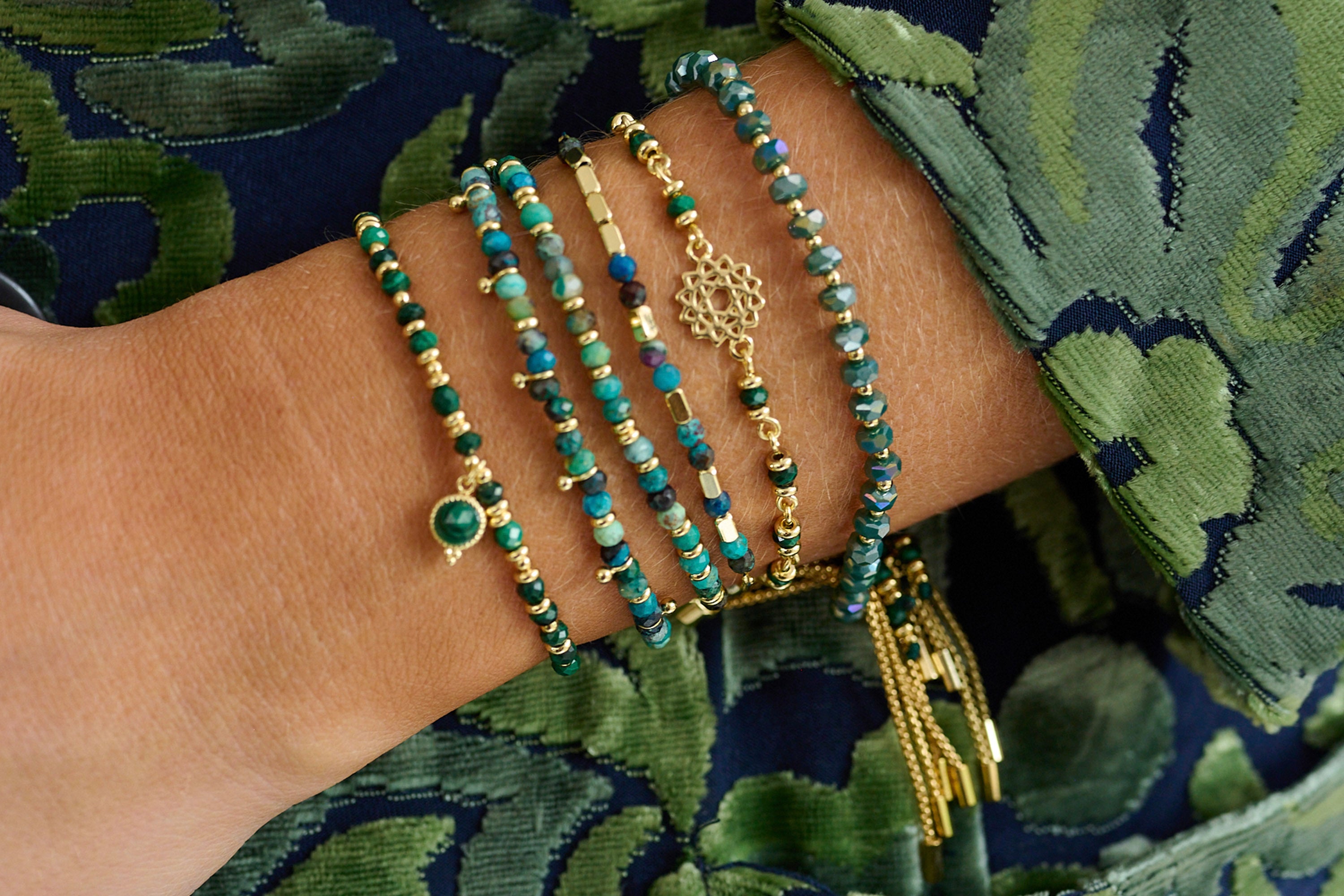 Prunus Green & Gold Crystal Stretch Bracelet