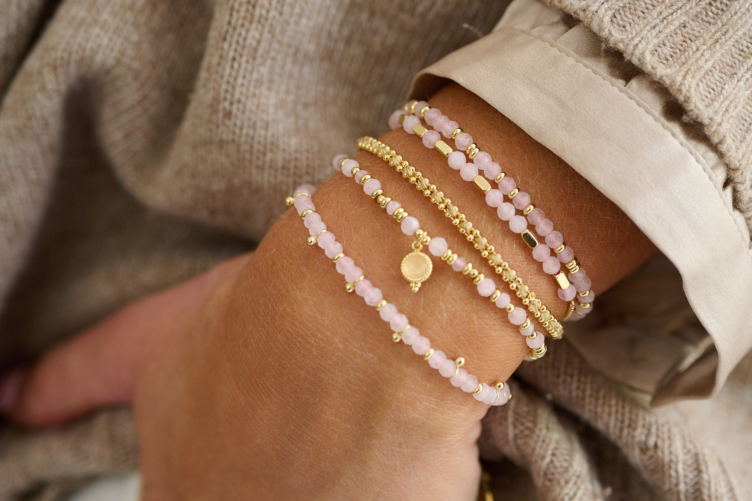 Sense Rose Quartz Charm Gold Bracelet