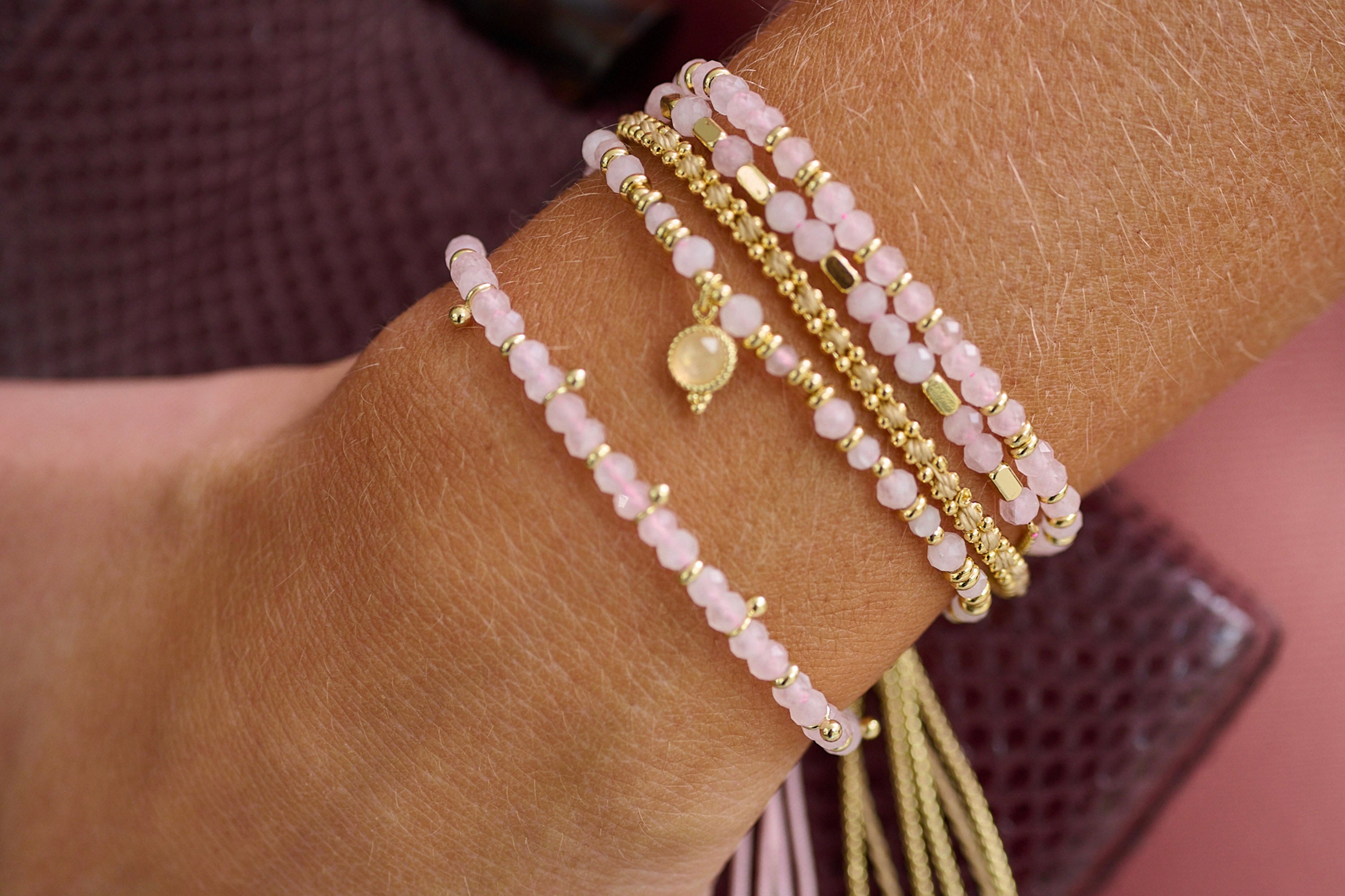 Sense Rose Quartz Charm Gold Bracelet