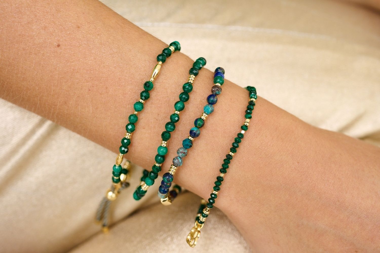 Wonder Azurite Gold Stretch Bead Bracelet styled on the wrist, showcasing bold azurite beads and shimmering gold accents, perfect for earthy elegance and boho vibes.