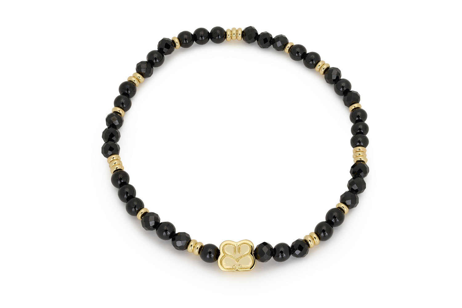 Wonder Gold & Black Spinel Stretch Bead Bracelet featuring faceted black spinel beads and 12k gold-plated accents, perfect for adding subtle sophistication to any look.