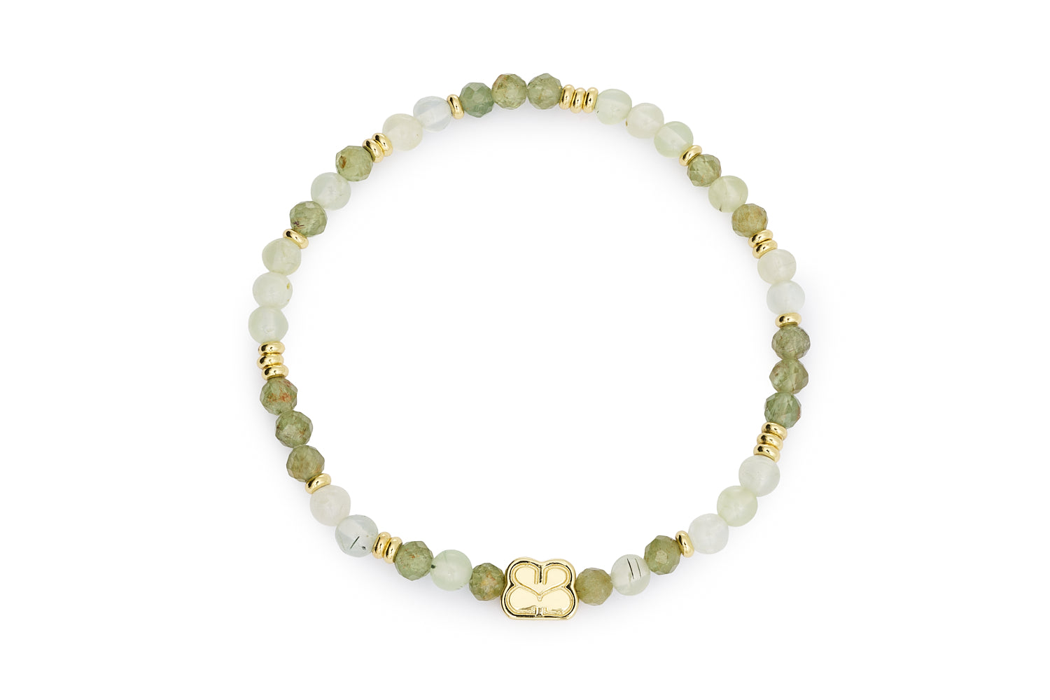 Wonder gold stretch bracelet with green apatite gemstone beads and Boho Betty charm on white background