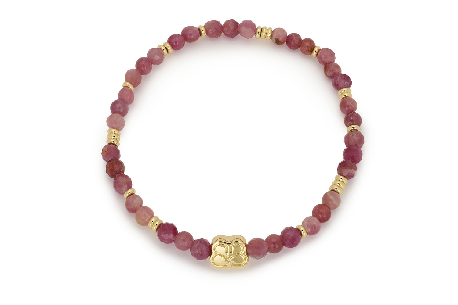 Wonder Pink Tourmaline Gold Bracelet featuring vibrant faceted pink tourmaline beads and 12k gold-plated accents, blending romance, elegance, and boho charm.