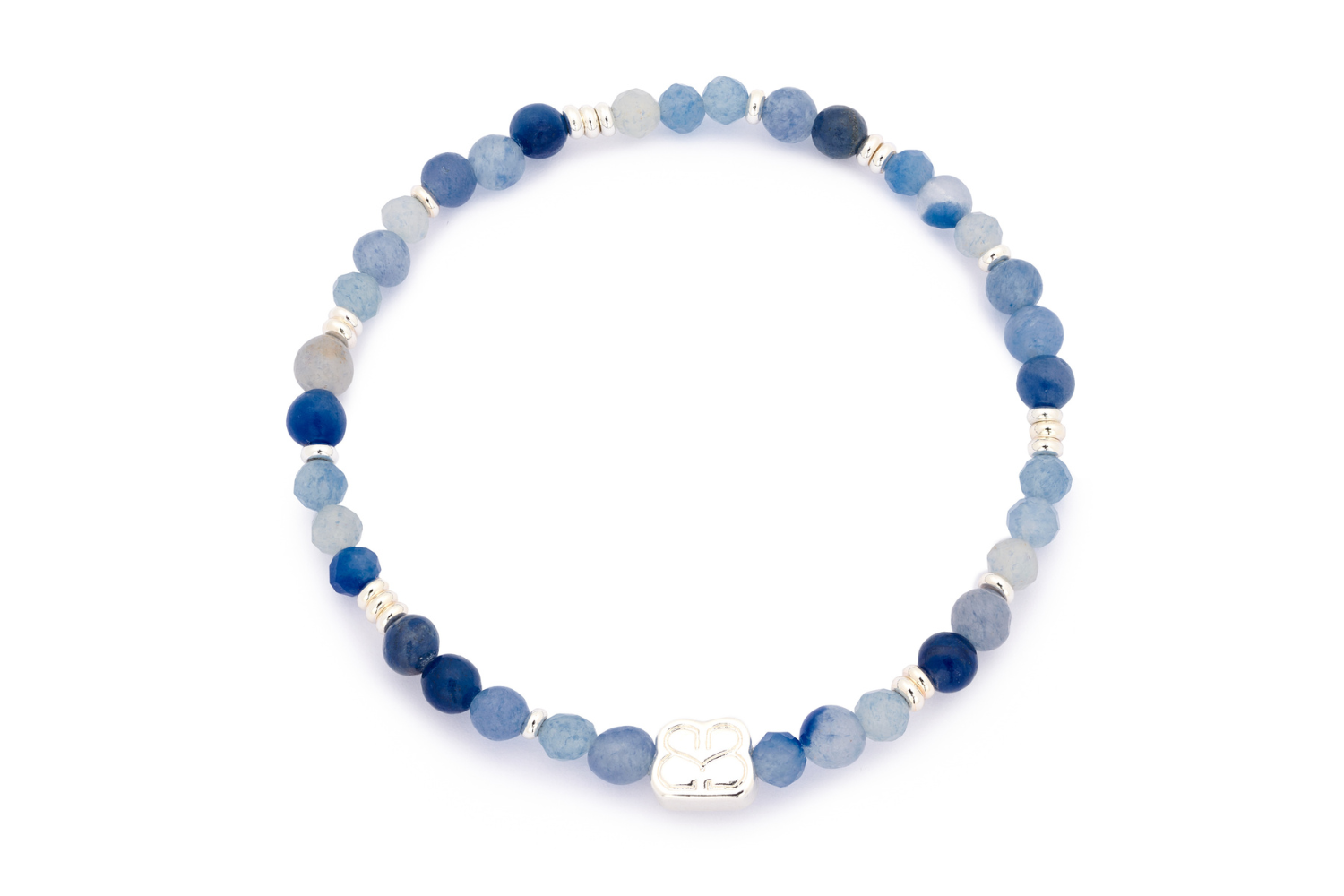 Wonder Silver Blue Aventurine Stretch Bead Bracelet featuring dreamy blue Aventurine beads and sterling silver-plated accents, perfect for a calm and chic boho look.