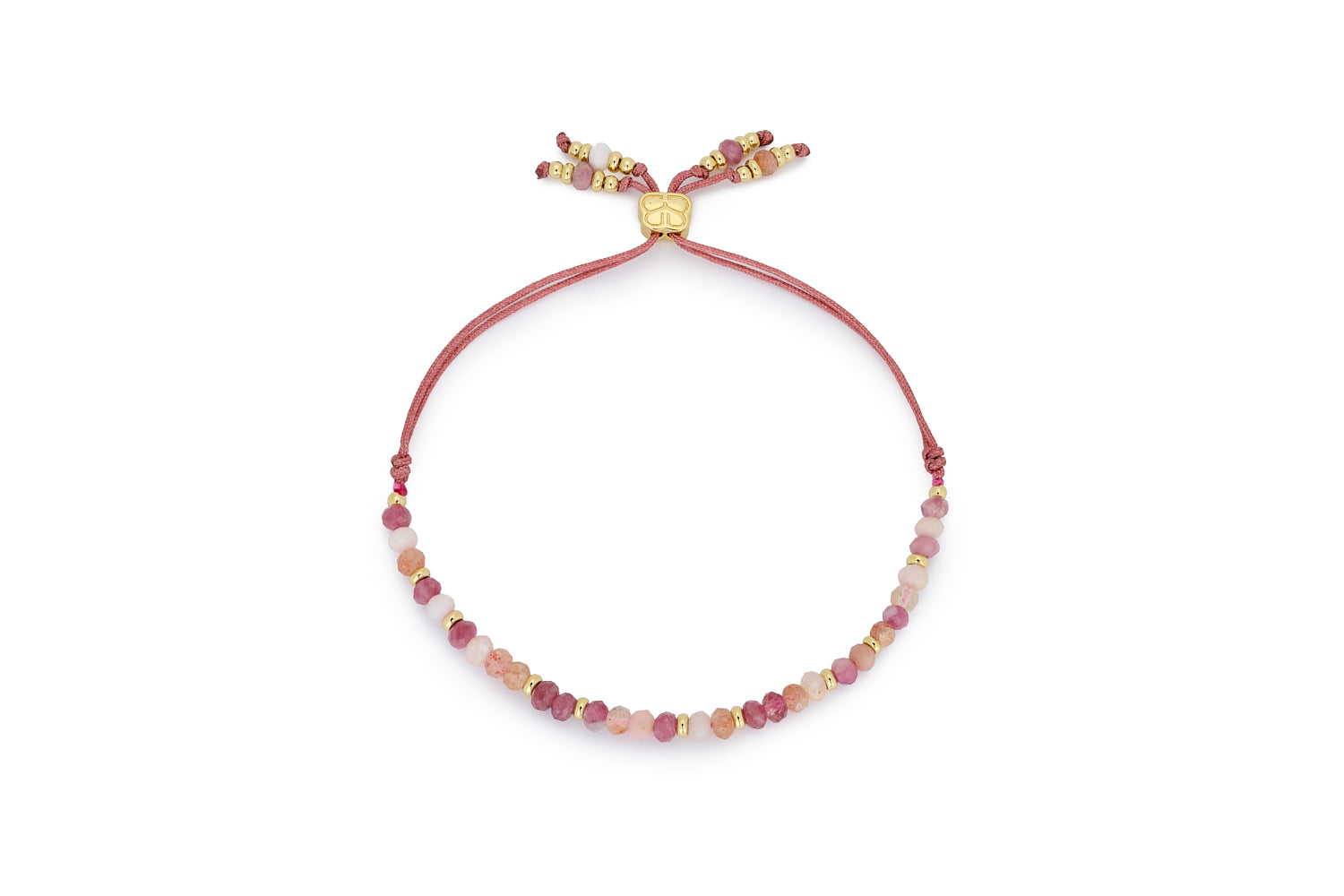 Yarrow Gold Pink Tourmaline Mix Friendship Bracelet with faceted pink gemstones and gold accents on an adjustable cord design.