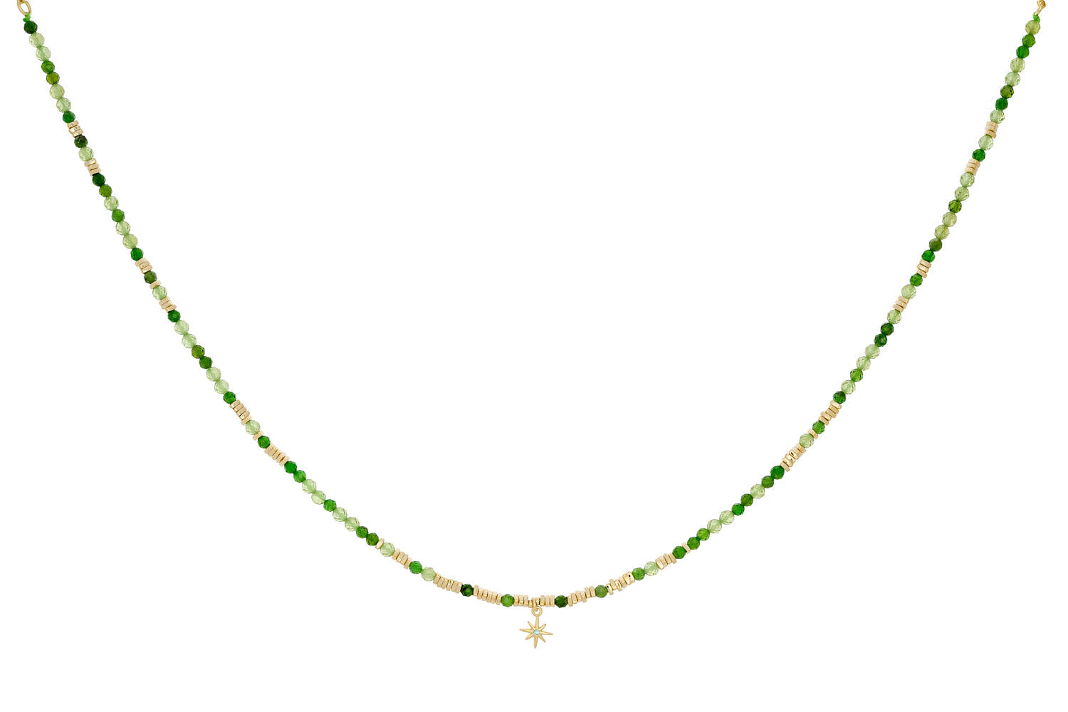 Yolanda Peridot Mix Gold Layering Necklace featuring Peridot gemstones, gold accents, and a star charm with a sparkling crystal center.