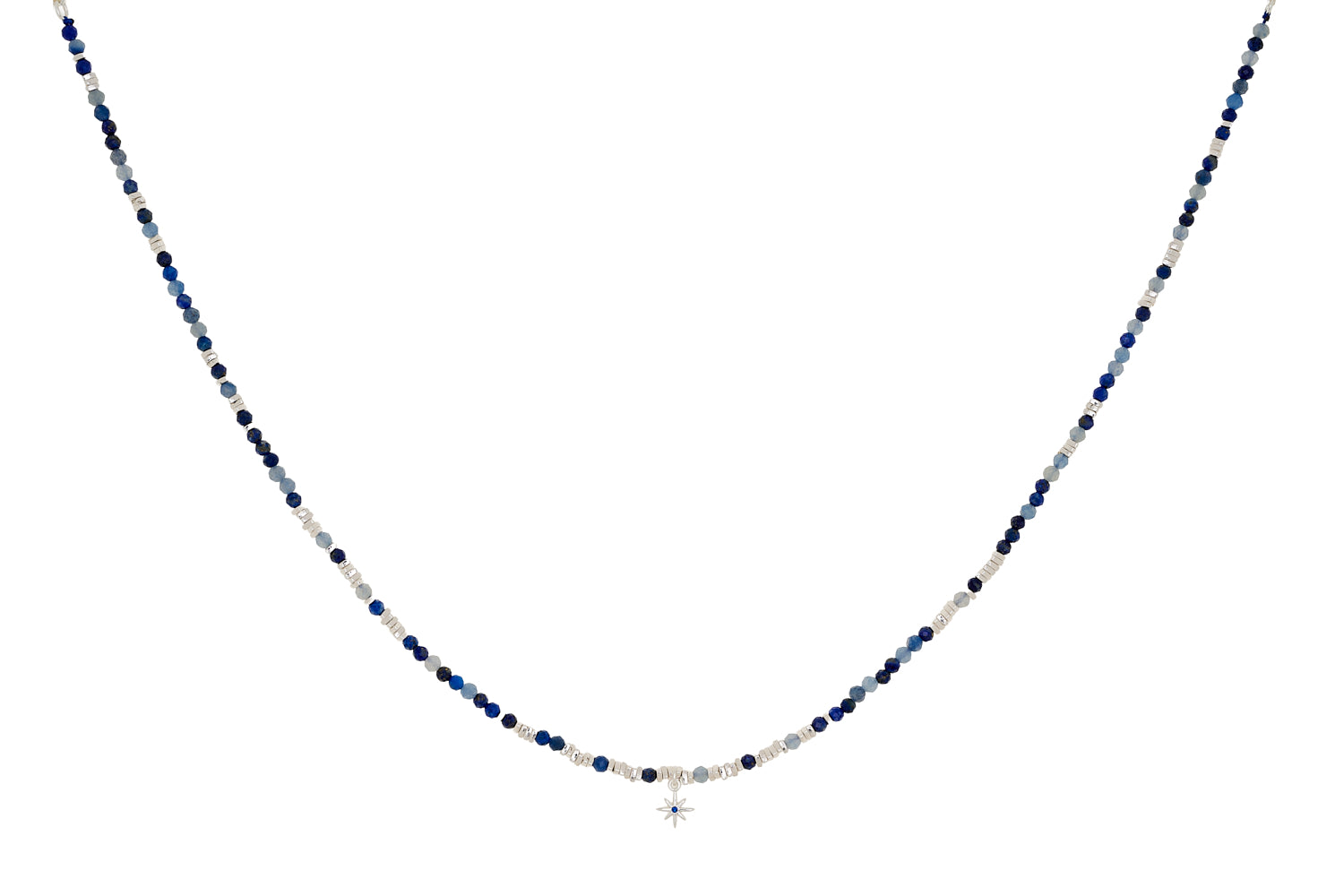 Yolanda silver necklace with kyanite and lapis lazuli gemstone beads and starburst charm on white background