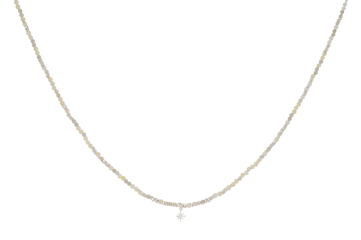 Yolanda silver necklace with rainbow moonstone and mother of pearl beads on white background