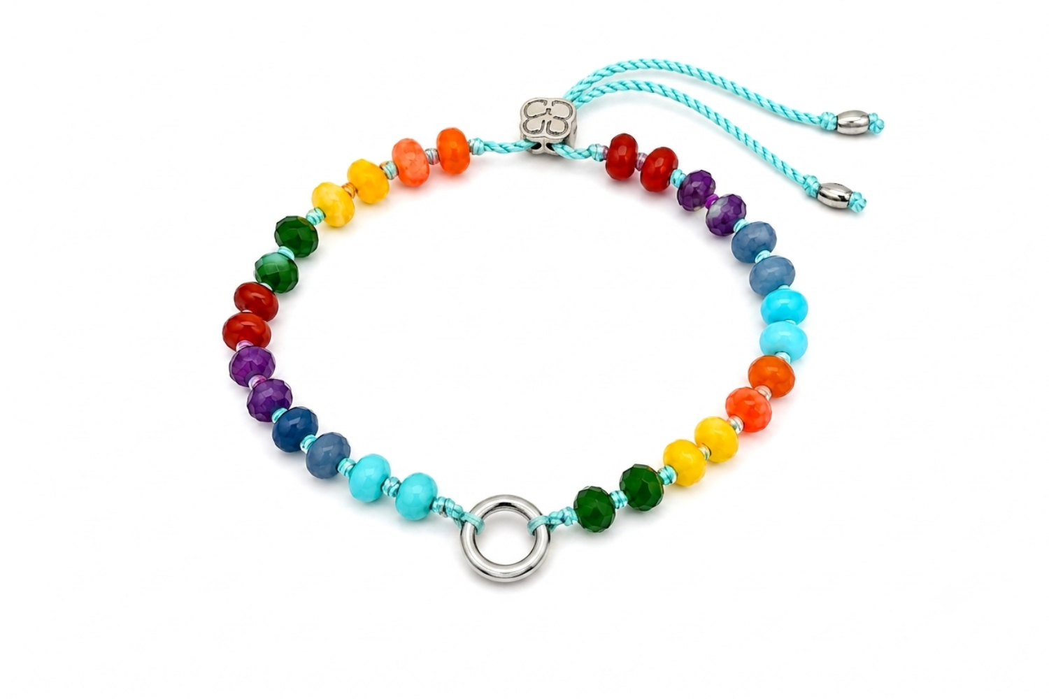 Zaha Rainbow Silver Charm Carrier Bracelet featuring colourful Agate, Amethyst, Blue Aventurine, Turquoise Howlite and Dyed Jade gemstone beads with a waterproof silver PVD charm carrier clasp.