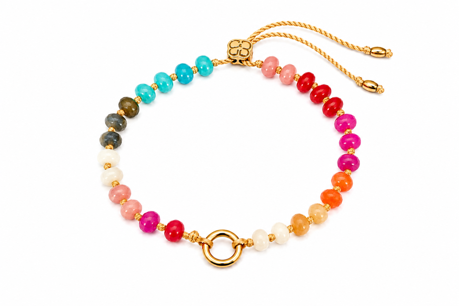 Zaha Tropical Gold Charm Carrier Bracelet featuring dyed jade, agate, rose quartz and labradorite gemstone beads with a waterproof 14k Gold PVD stainless steel charm carrier clasp.