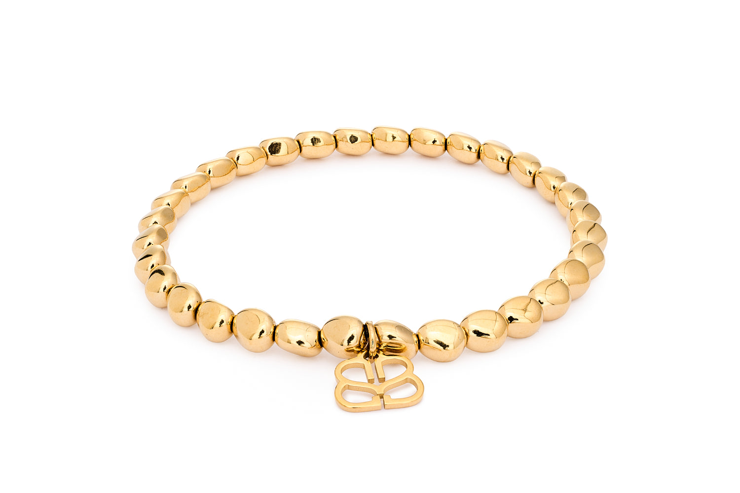 Zarina Gold Bead Stretch Bracelet featuring smooth nugget-shaped 14k PVD gold-plated stainless steel beads with Boho Betty charm in a stretch-fit design.
