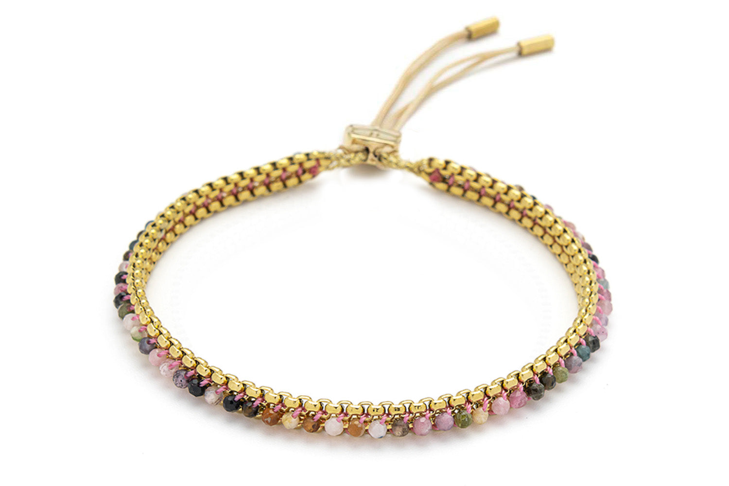 Zena Gold & Tourmaline Bracelet with natural multi-coloured gemstone beads handwoven through a PVD gold chain for a vibrant, boho-luxe look.