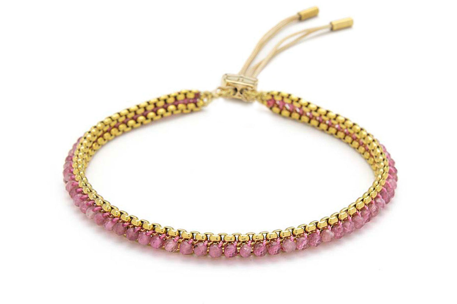Zena Pink Tourmaline Gold Braided Bracelet featuring radiant pink tourmaline gemstones, delicate 12k gold-plated chain details, and an adjustable slider fastening.