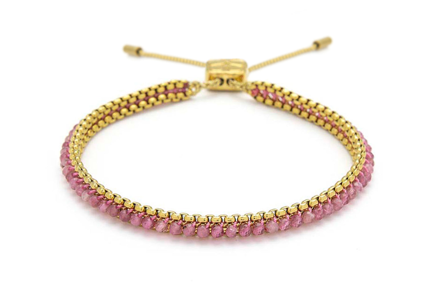 Zena Pink Tourmaline Gold Braided Bracelet featuring radiant pink tourmaline gemstones, delicate 12k gold-plated chain details, and an adjustable slider fastening.