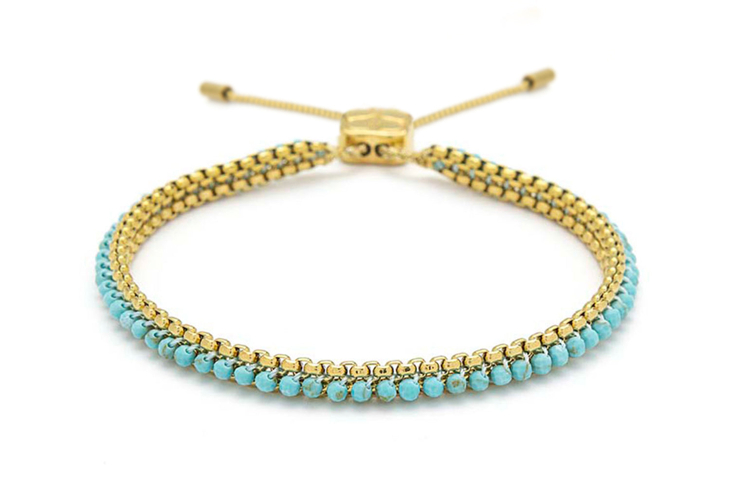 Zena Turquoise Howlite Gold Braided Bracelet featuring vibrant turquoise howlite gemstones, delicate 12k gold-plated chain details, and an adjustable slider fastening.