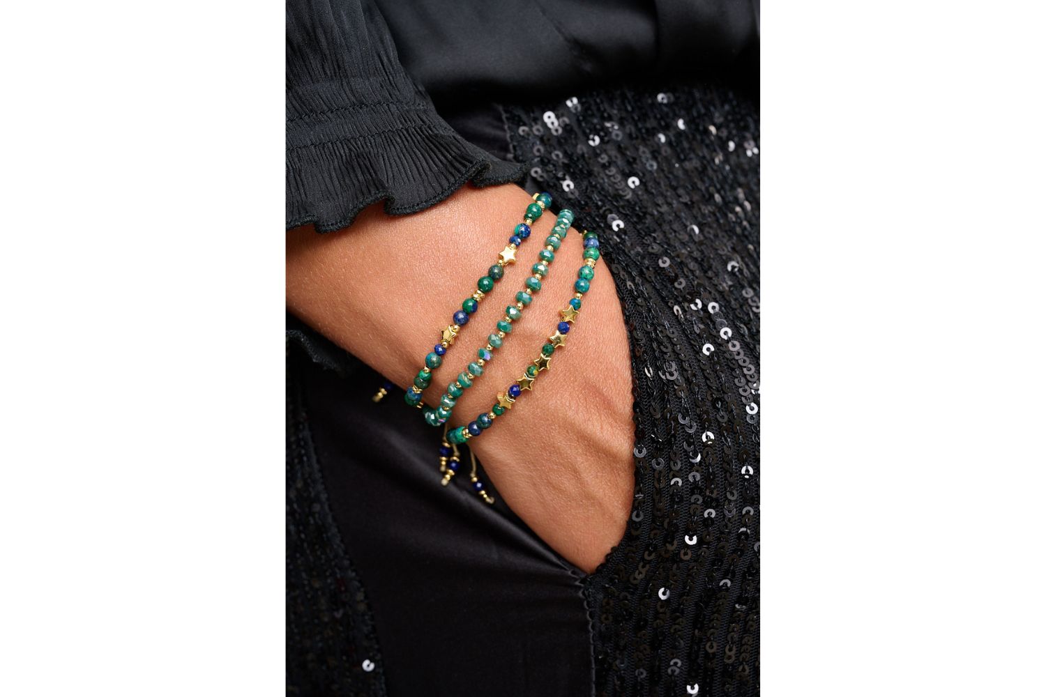 Zolar azurite and gold star bracelet featured on wrist with Boho Betty stacking bracelets