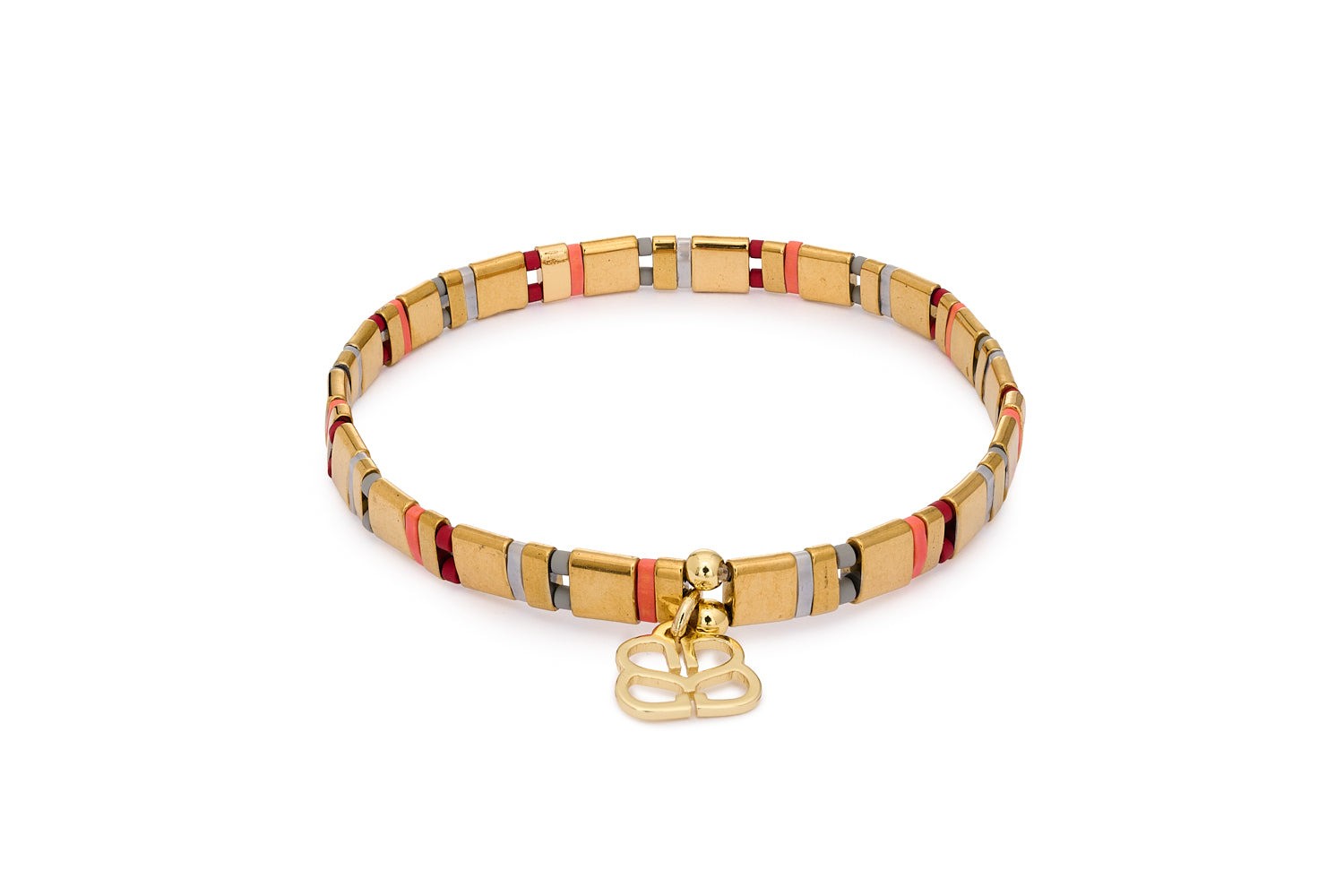 Zoom Orange & Gold Tila Bracelet with striped burnt orange, silver and gold Japanese beads in a stretch-fit design with Boho Betty charm.