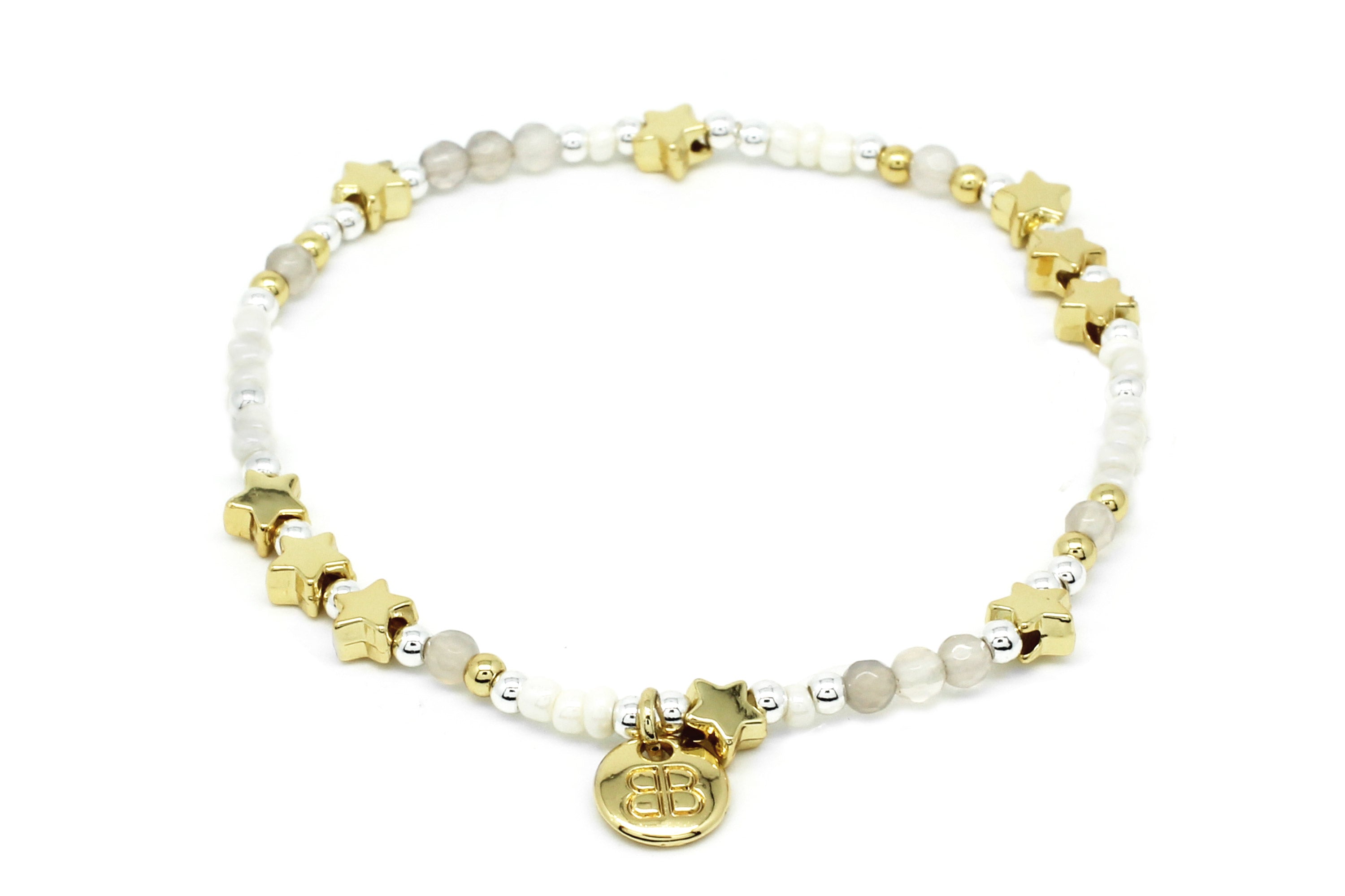 Porrima Pearl & Gold Star Charm Stretch Bracelet