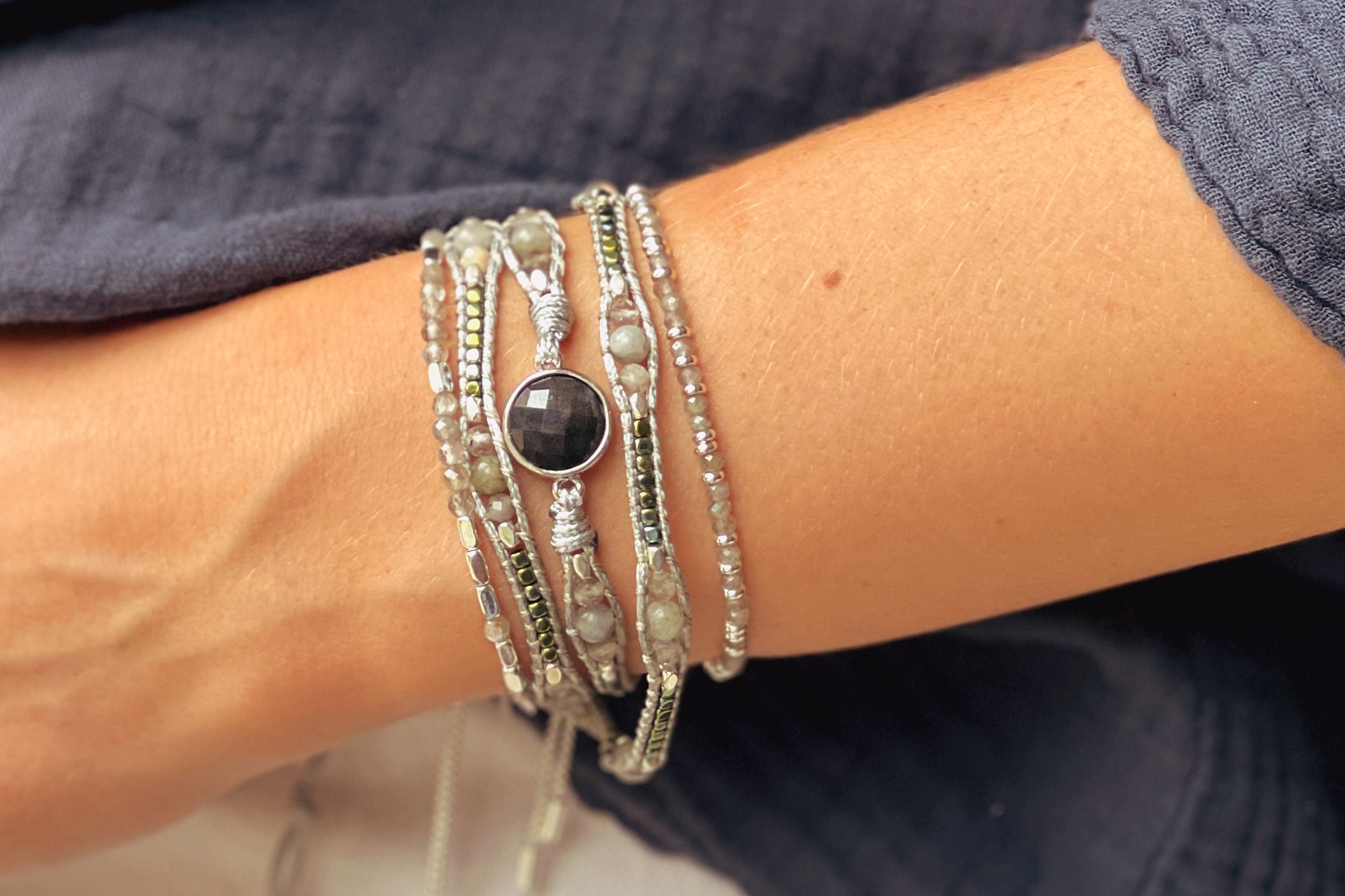 America Silver Gemstone 3 Wrap Bracelet