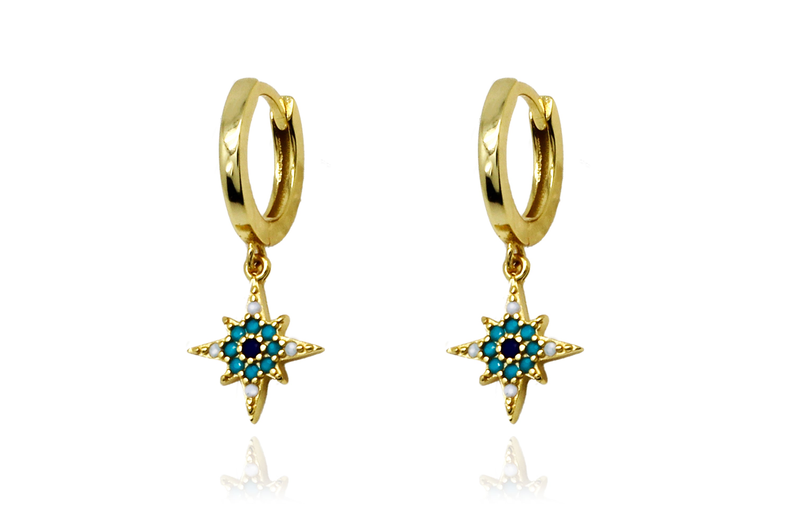 Garner Blue CZ Bead Charm Gold Hoop Earrings