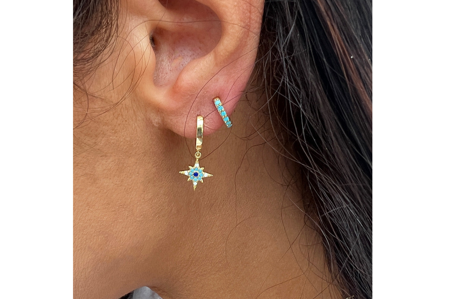 Garner Blue CZ Bead Charm Gold Hoop Earrings