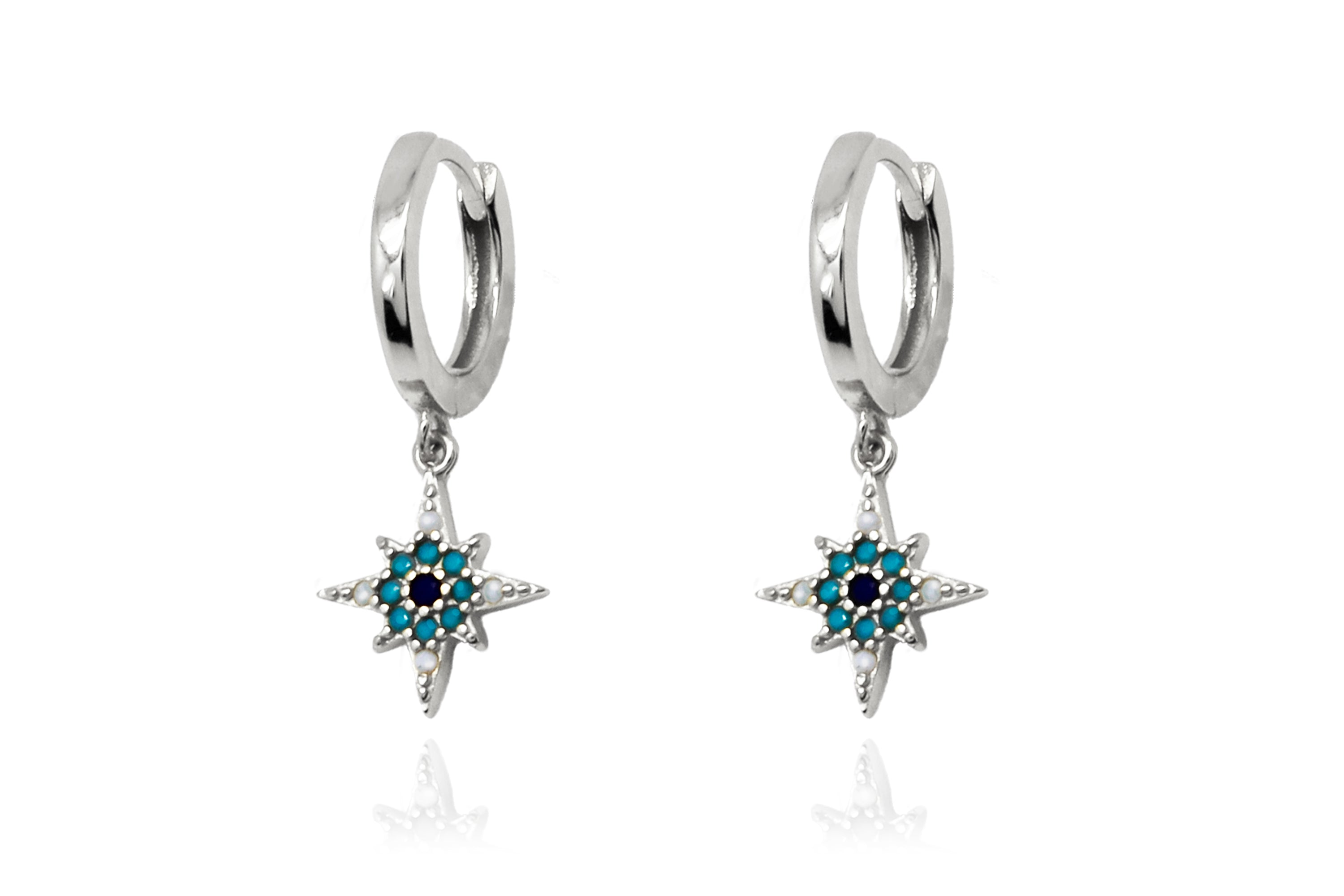 Garner Blue CZ Bead Charm Silver Hoop Earrings