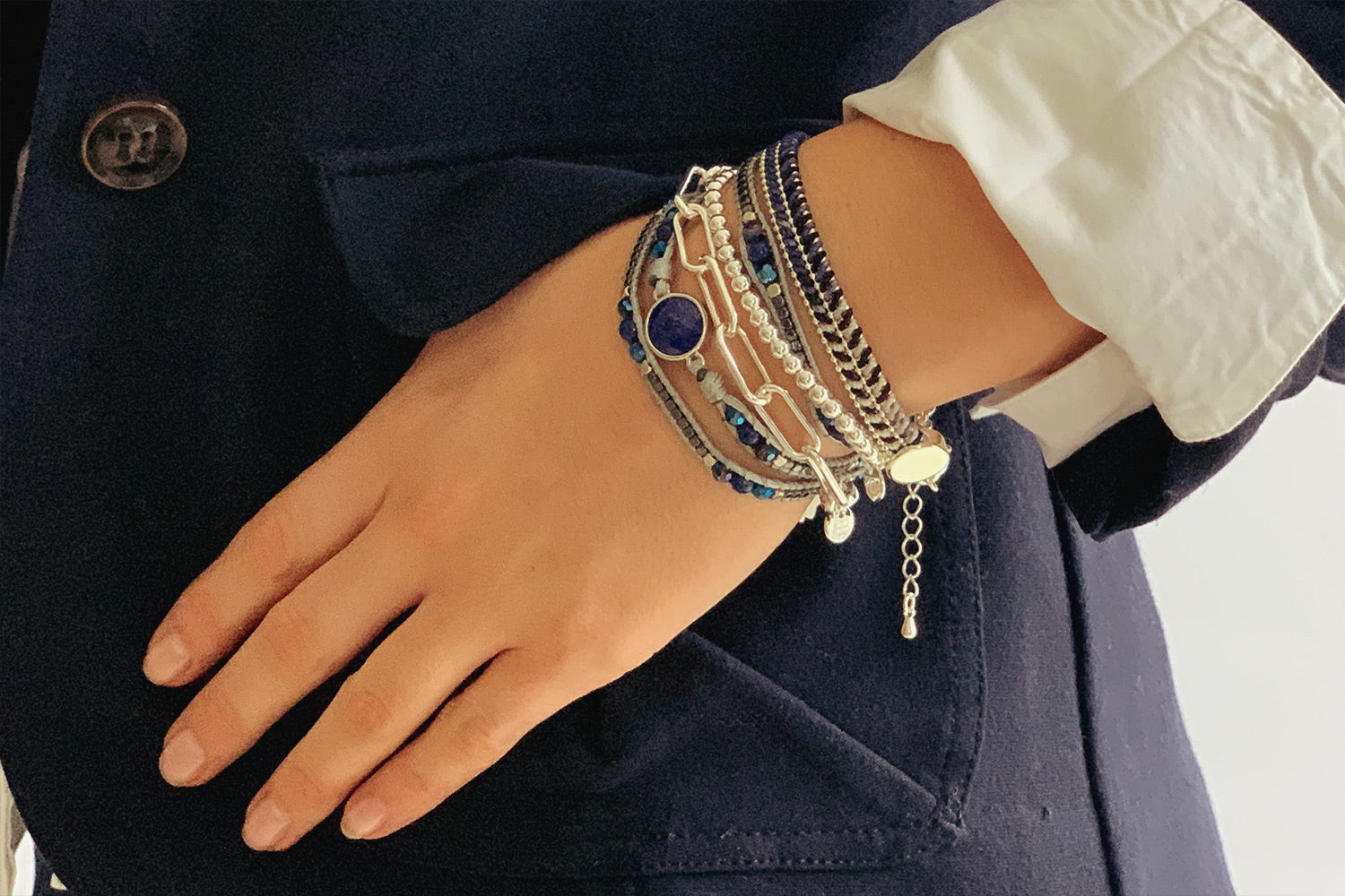 America Blue & Silver Lapis Lazuli Gemstone 3 Wrap Bracelet