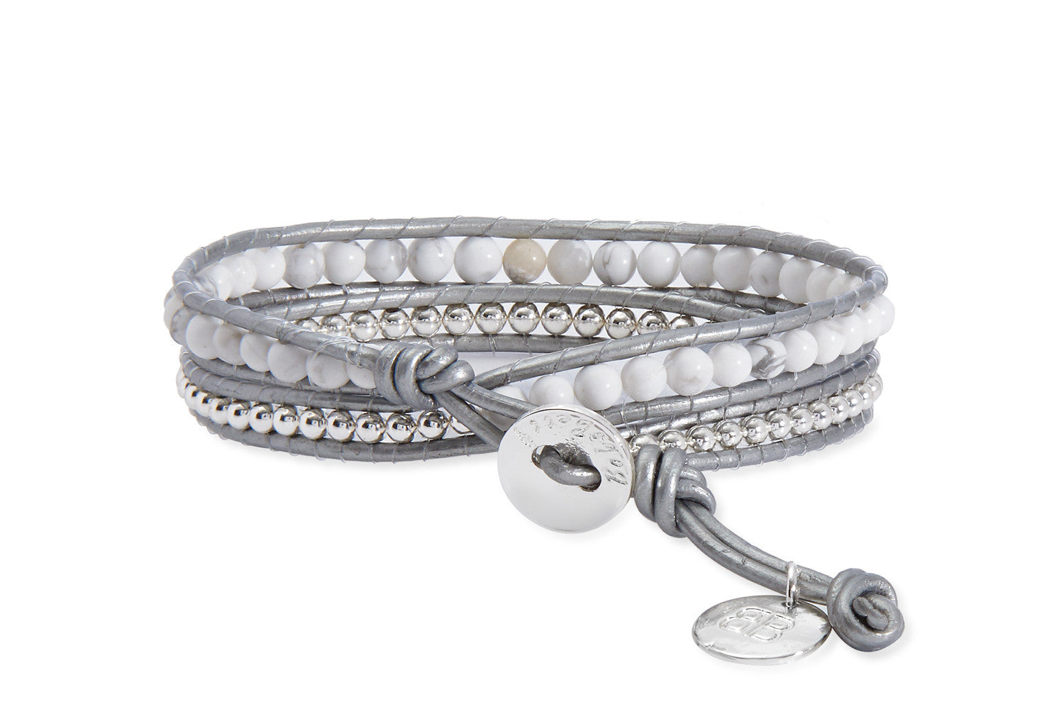 Orion Silver Leather White Jade 2 Wrap Bracelet with Silver Balls