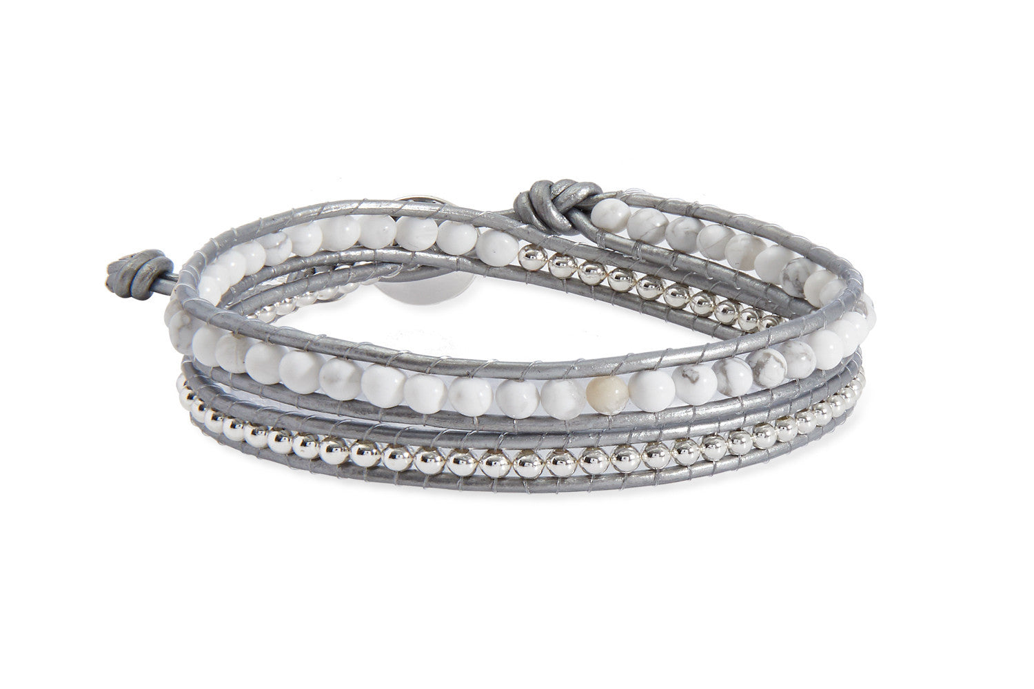 Orion Silver Leather White Jade 2 Wrap Bracelet with Silver Balls