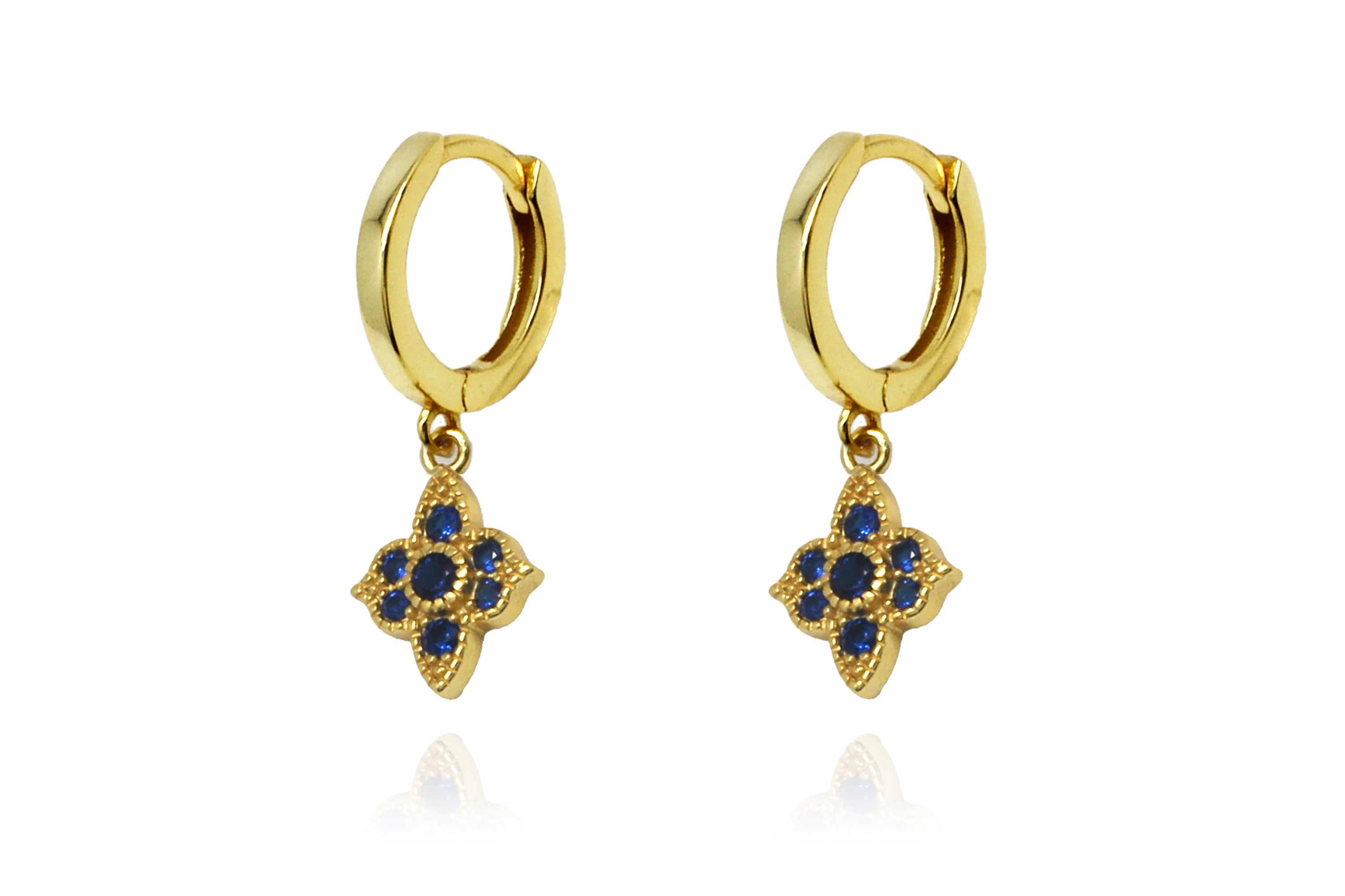 Theron Sapphire Blue Silver CZ Gold Hoop Earrings