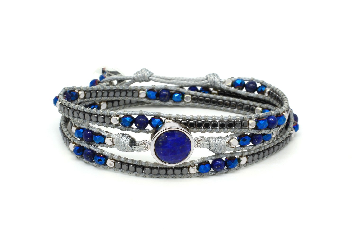 America Blue & Silver Lapis Lazuli Gemstone 3 Wrap Bracelet