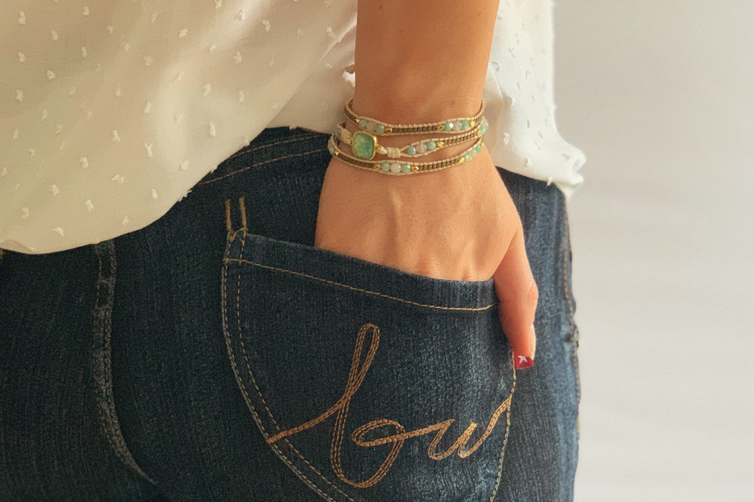 America Aqua Gemstone 3 Wrap Bracelet