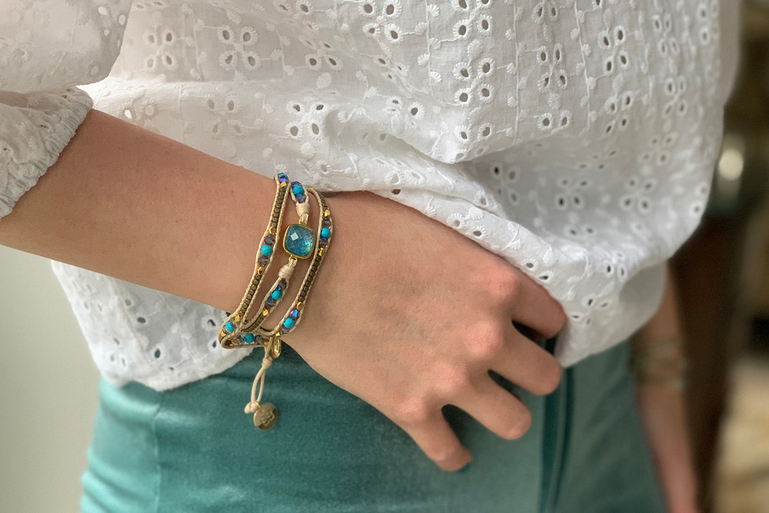 America Turquoise Gemstone 3 Wrap Bracelet