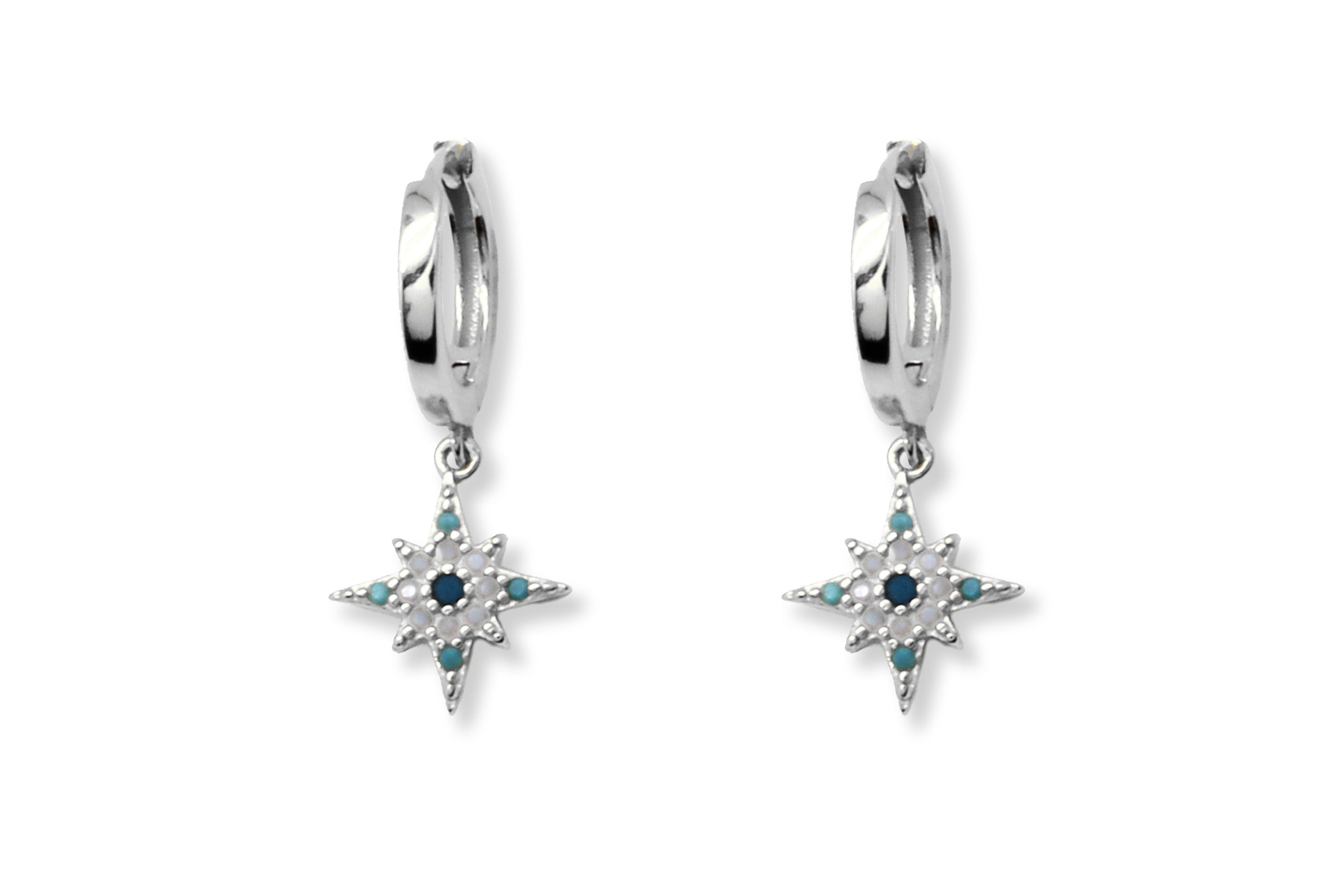 Garner Aqua CZ Bead Charm Silver Hoop Earrings