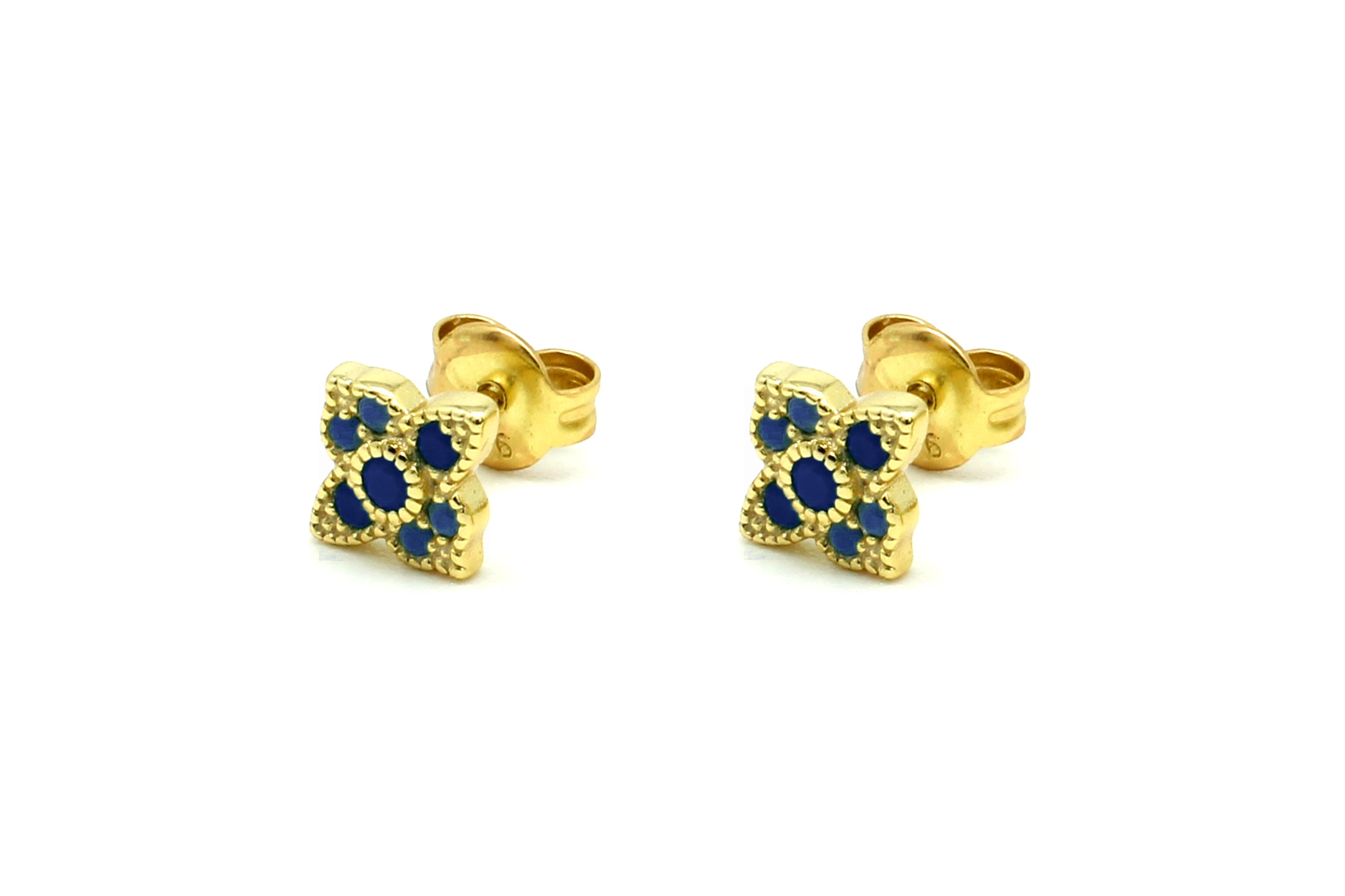 Takia Filigree Sapphire Blue CZ Gold Stud Earrings