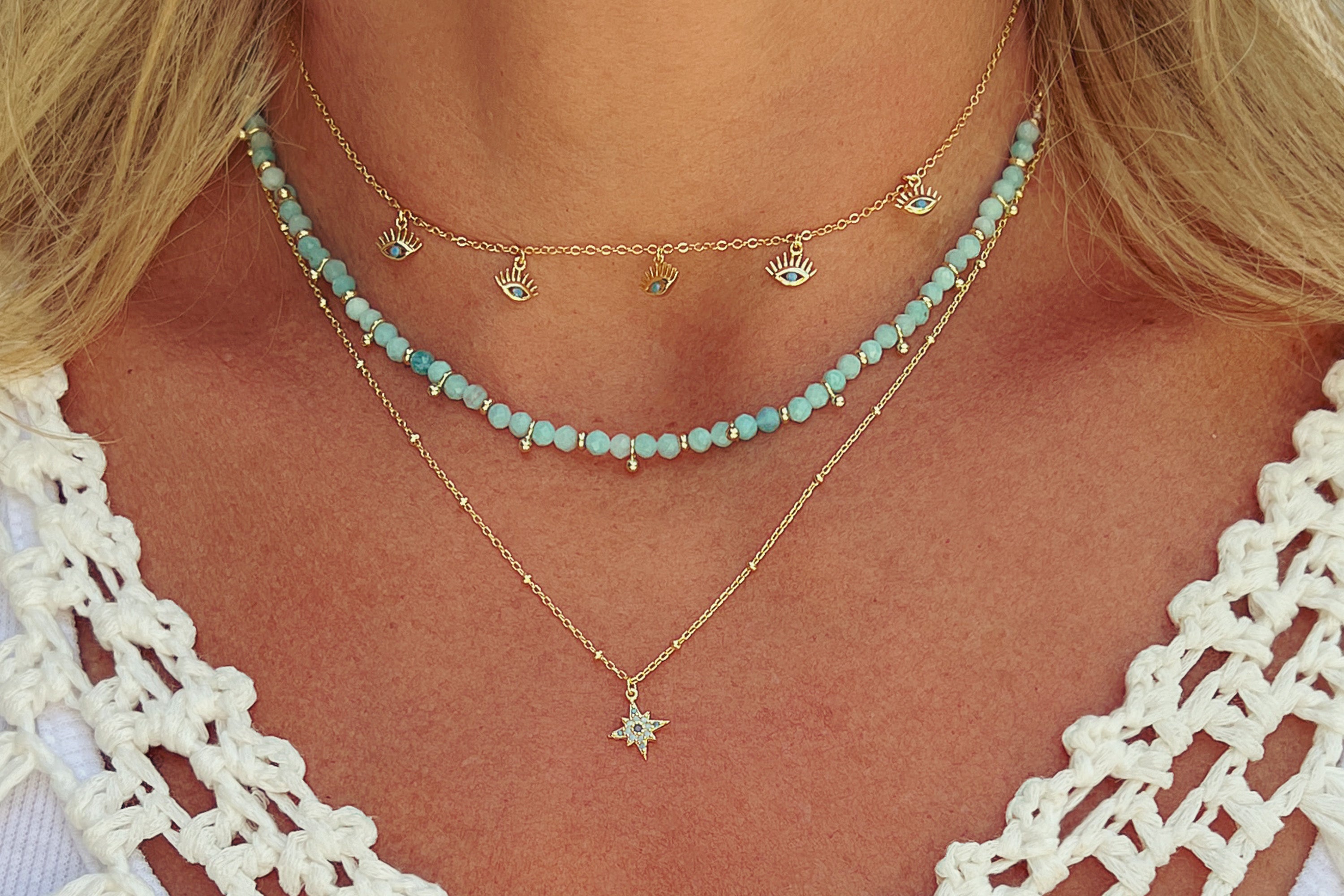 Aqua Ombre CZ Star Gold Sterling Silver Necklace